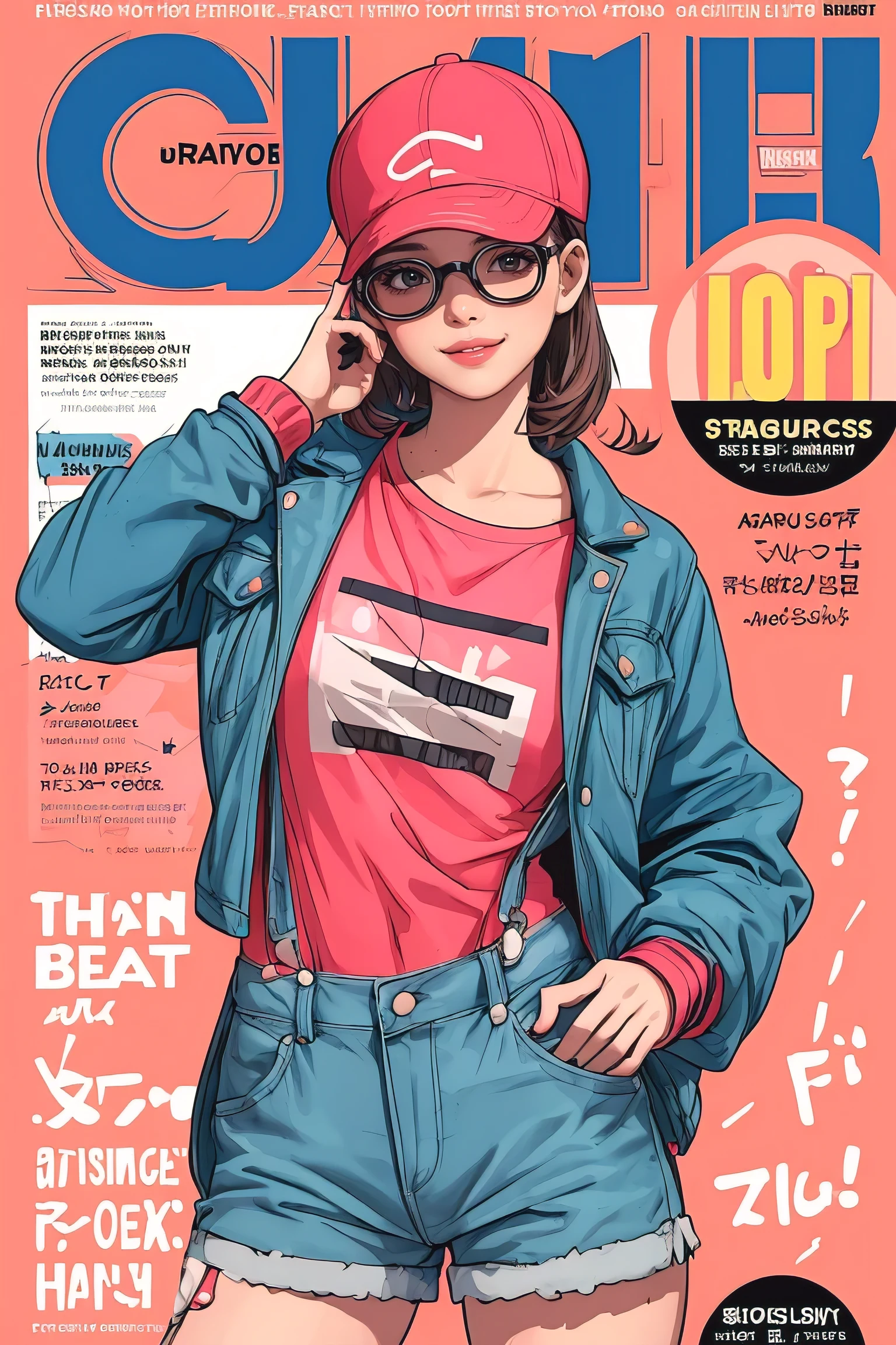 1girl, sfw, cap, shorts, jacket, (Magazine cover-style illustration of a fashionable woman in a vibrant outfit posing in front of a colorful and dynamic background. She has a confident expression and is striking a pose. The text on the cover should be bold and attention-grabbing, with the title of the magazine and a catchy headline. The overall style should be modern and trendy, with a focus on fashion and lifestyle), wallpaper, crowds, fashion, contrapposto, female focus, model, cool