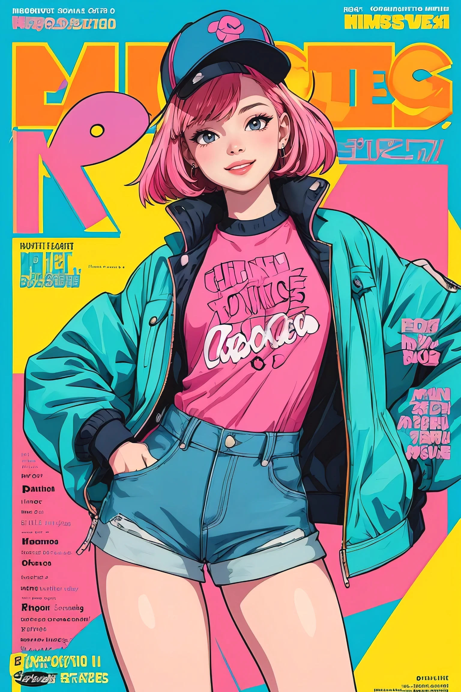 1girl, sfw, cap, shorts, jacket, (Magazine cover-style illustration of a fashionable woman in a vibrant outfit posing in front of a colorful and dynamic background. She has a confident expression and is striking a pose. The text on the cover should be bold and attention-grabbing, with the title of the magazine and a catchy headline. The overall style should be modern and trendy, with a focus on fashion and lifestyle), wallpaper, crowds, fashion, contrapposto, female focus, model, cool