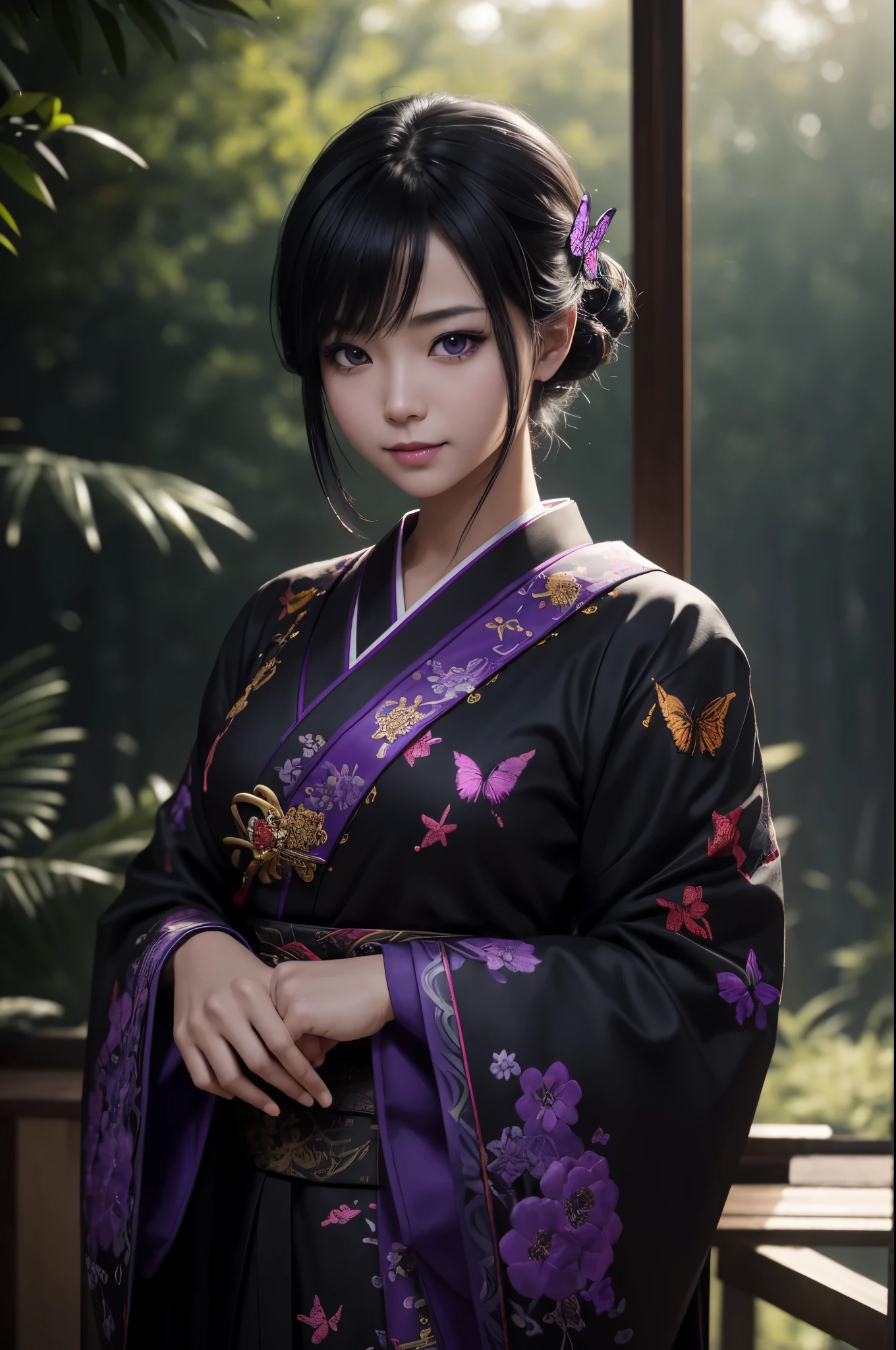 8K,Woman in Japan traditional costume,(dark shot:1.4), 80mm, (dark shot:1.4), 80mm, epic real, Big eyes,Black hair short bob hair,black and purple butterfly hair ornament,black kimono and red obi,black and purple butterfly pattern(Precise butterfly embroidery),purple eyes(purple effect),range murata, wonderful, matted, paul gauguin, art,soft cinematic light, adobe lightroom, photo lab, HDR, 複雑で非常にdetailed, (Depth of bounds written:1.4), (dark shot:1.22), Neutral Color, (HDR:1.4), (calm colors:1.4), (Complex), (artステーション:1.2), 超detailedな, dramatic, Complex細部, (technicolor:0.9), (rutkowski:0.8), cinematic, detailed, soft light, sharp, exposure blend, medium shot, Bokeh, (HDR:1.4), high contrast, (calm colors, dim color, calm colors調:1.3), low saturation, (超detailedな:1.2), (noir:0.4), horror light,sharp, exposure blend、medium shot、Bokeh、(HDR:1.4)、high contrast、low saturation、(hyper detail:1.2)、(noir:0.4)、(Complex細部:1.12)、HDR、(Complex細部、hyper detail:1.15)Photorealistic RAW photos of the highest quality。Bright colors,rich colors, Backlight, cinematic lighting, film grain, to be born, 50mm lens, Nikon D850,realistic skin,ファンタジーart,キャラクターart,ultra high resolution,Lots of poses,muscular slim body,verandah of a large mansion,in the forest,super realistic skin,late night,smile,underworld devil makeup,demon makeup,