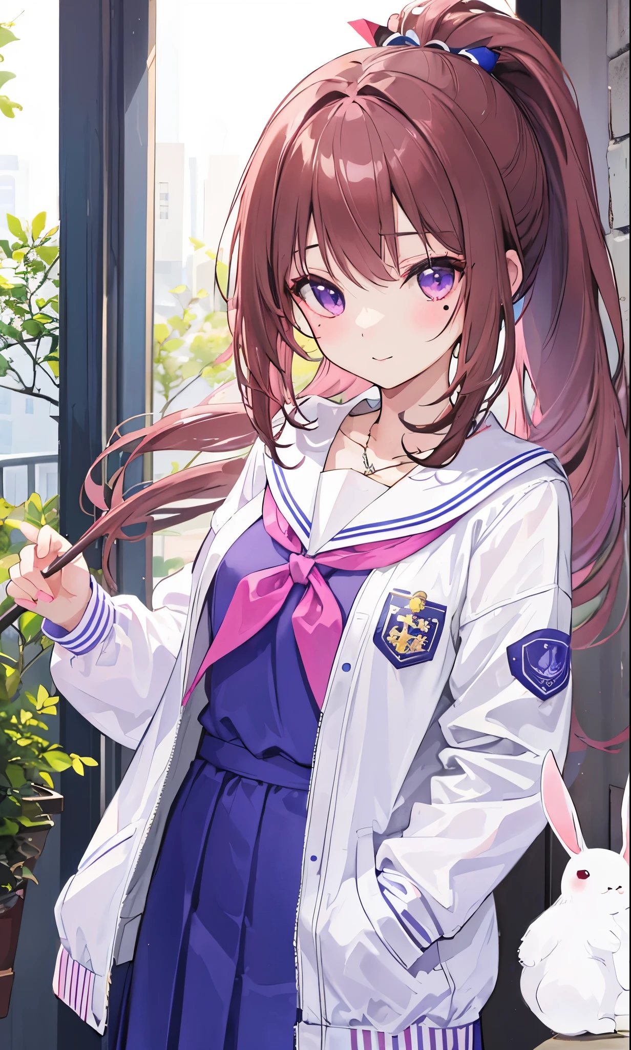 Thick pink brown hair，high ponytail，Beautiful, soulful and delicate deep purple eyes，Sweet and soft girl，特别软萌cute，There are beauty moles，Wearing a white JK school uniform，blue leather jacket，teenage girl feeling，The body is fluorescent，十分Amazing，Beautiful and beautiful，Very nice face、figure，purple crystal necklace，Particularly clear、Amazing、pure、Sunlight、cute，He has a very simple character，Sister Neptune who looks like a little white rabbit