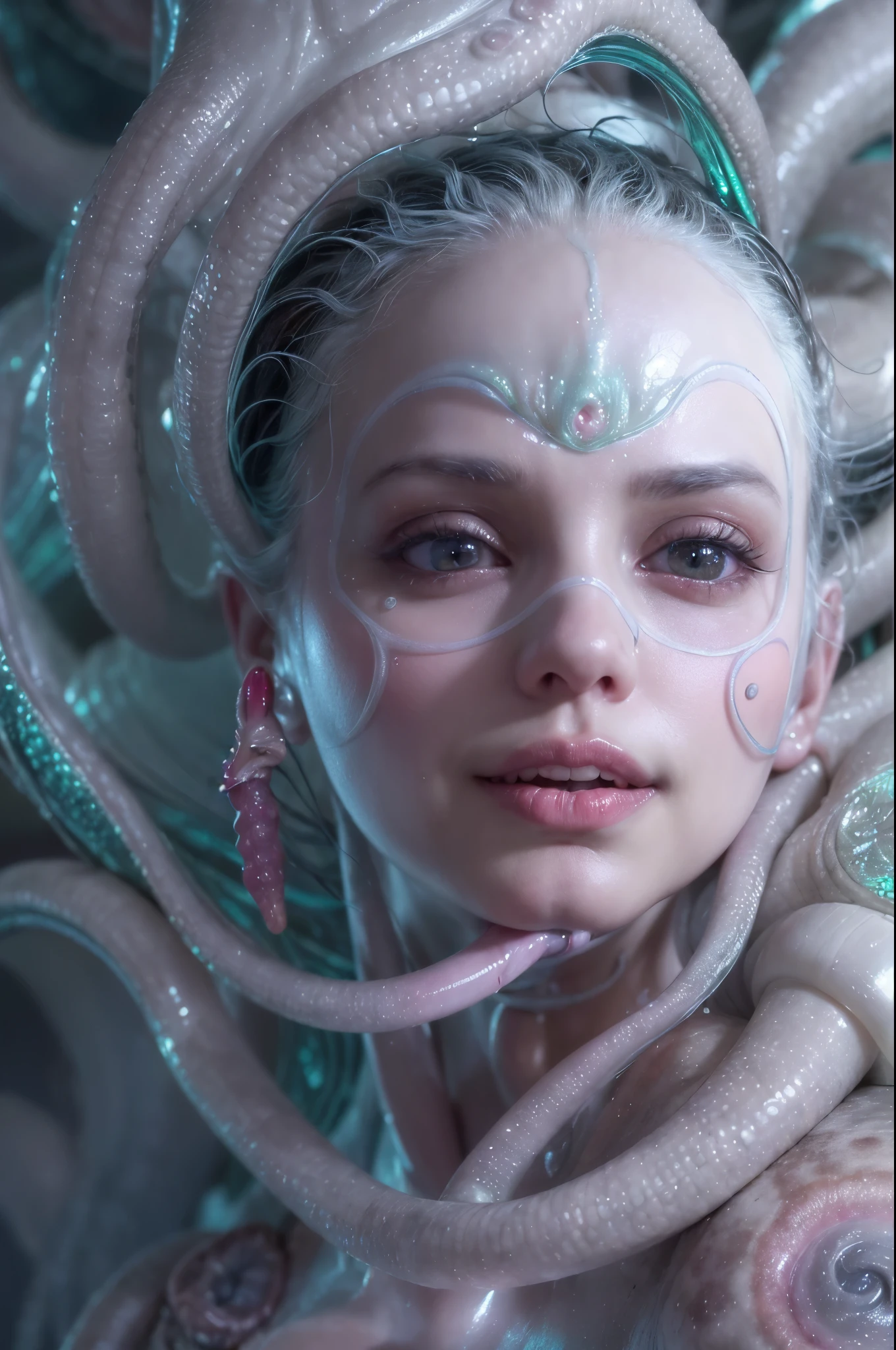 (A portrait of one beautiful and obscene female alien who is a young teenager:1.4), ((There is a female genital-like organ in the middle of her forehead:1.8)), (realistic face:1.2), (Numerous award-winning masterpieces, with incredible detail, textures and maximum detail), artistic photography, midnight aura, unreal engine 5, Ultra Sharp Focus, art by Amano Yoshitaka, ArtGerm, Roisch, intricate artwork, ultra realistic realism, high resolution, High freshness, drawing faithfully, official art, Unity 8K Wall paper, ultra detailed artistic photography, dream-like, Creation of fantasy, dream Snail, (biopunk nautilus:1.3),Thrilling color schemes, seductively smiling, Amazing mutation, well-proportioned body, goddess of the deep sea, fractal, Geometric pattern, impossible figures, (translucent white tentacles with luminescent organs:1.4), subtle emerald green accents, (smiling seductively:1.3),(She has the most beautiful face in the history of the universe:1.5), Penelope Cruz, (she is looking down at viewers with glowing iridescent eyes with no pupils:1.3), an evil gaze that seduces, cinematic lighting, (Vampire-like long canine teeth can be glimpsed through the gap between the cute lips:1.3), in the hall of the palace, Sweet breath is exhaling from beautiful lips, ecstatic expression