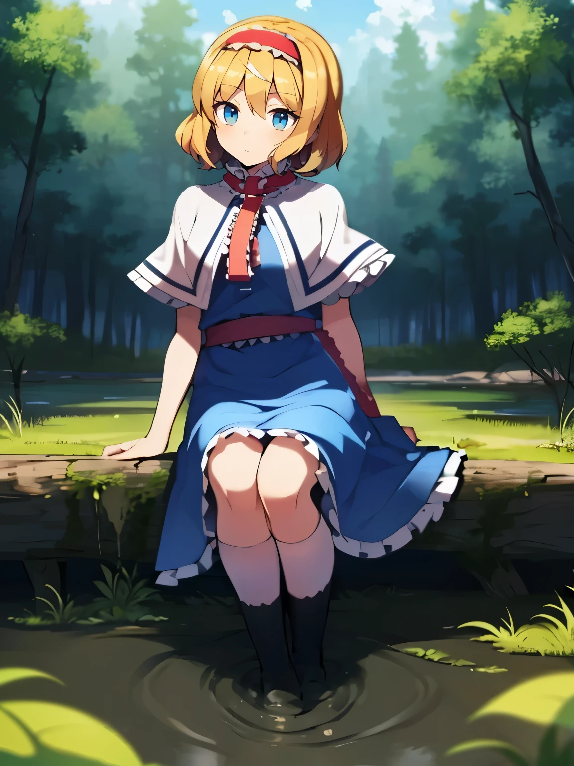 1girl,touhou,(alice margatroid:1.3),1girl,blonde hair, blue eyes, capelet,sash,red hairband, short hair, (long blue dress:1.6), (white kneehighs:1.4),a stream running through a forest filled with trees, matte painting v ray, by Erik Pevernagie, mystical forest lagoon, standing in the mystical forest, 1128x191 resolution, an ai generated image, dark fog surrounds him, hyperrealistic image, atmospheric photograph, high resolution print, eery dead swamp setting, very beautiful ambient light