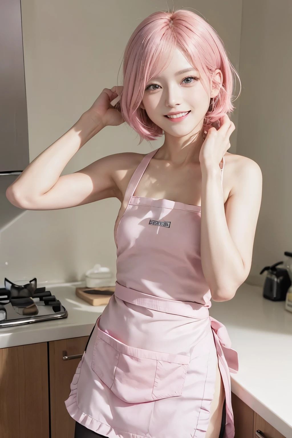 (8K, top-quality, masterpiece:1,2), (reallistic, Photorealsitic:1.37), Super Detail, One girl,), (Highly detailed), (beautifully detailed eyes), (of the highest quality), (super detailed ), (masterpiece), (Detailed face),20yr old, ,1 girl, ((pink hair,Very short hair)), medium breasts, clothed, Perfect Lighting, BREAK (pink apron :1.4),(naked apron:1.53) (A-line skirt:1.3),(black glossy tights:1.2), (small ribbon:1.2), BREAK (smiling and looking at the camera:1.3), (holding up the apron skirt with right hand and brushing hair with left hand:1.5), (simple white kitchen:1.2), (natural light:1.2)