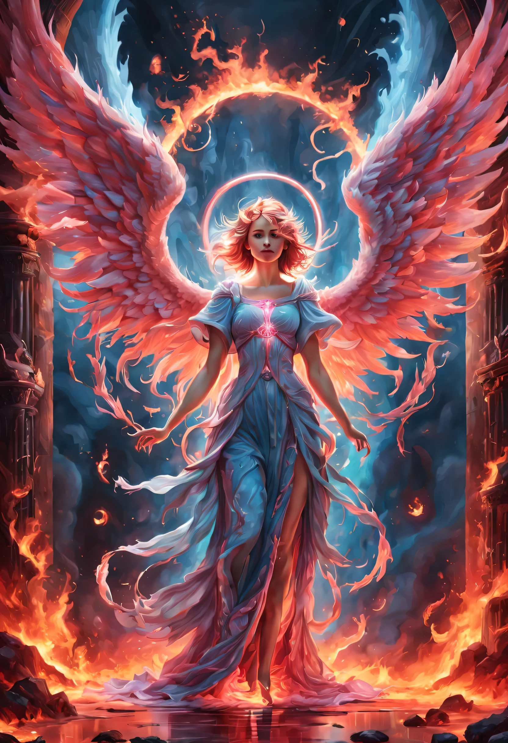 high details, best quality, 16k, [best detailed], masterpiece, best quality, (extremely detailed), a view from the rear of a beautiful angel looking through  a magical portal onto hell, the portal has magical pink magical wards  on it, she sees the fiery hell and rolling inferno faize , GlowingRunes_paleblue, GLOWING STYLE