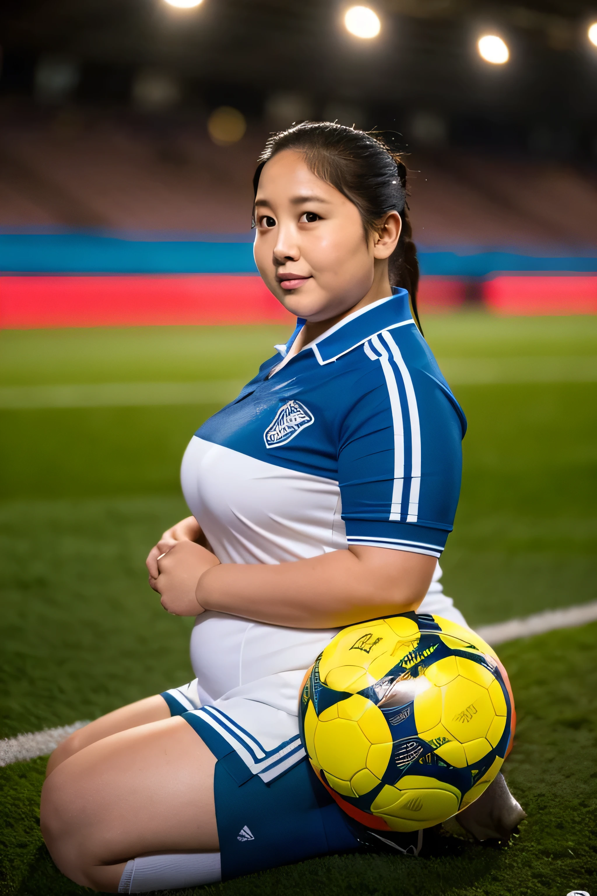 woman posing for a photo,(soccer_uniform:1.3), soccer ball, good hand,4K, High resolution, masterpiece, highest quality, head:1.3,((hasselblad photography)), fine skin, sharp focus, (cinematic lighting),1 female breast, Overweight, extremely fat, Chubby, Japanese, clavicle, night, soft lighting, dynamic angle, [:(detailed face:1.2):0.2],(((Inside the soccer stadium))), outside