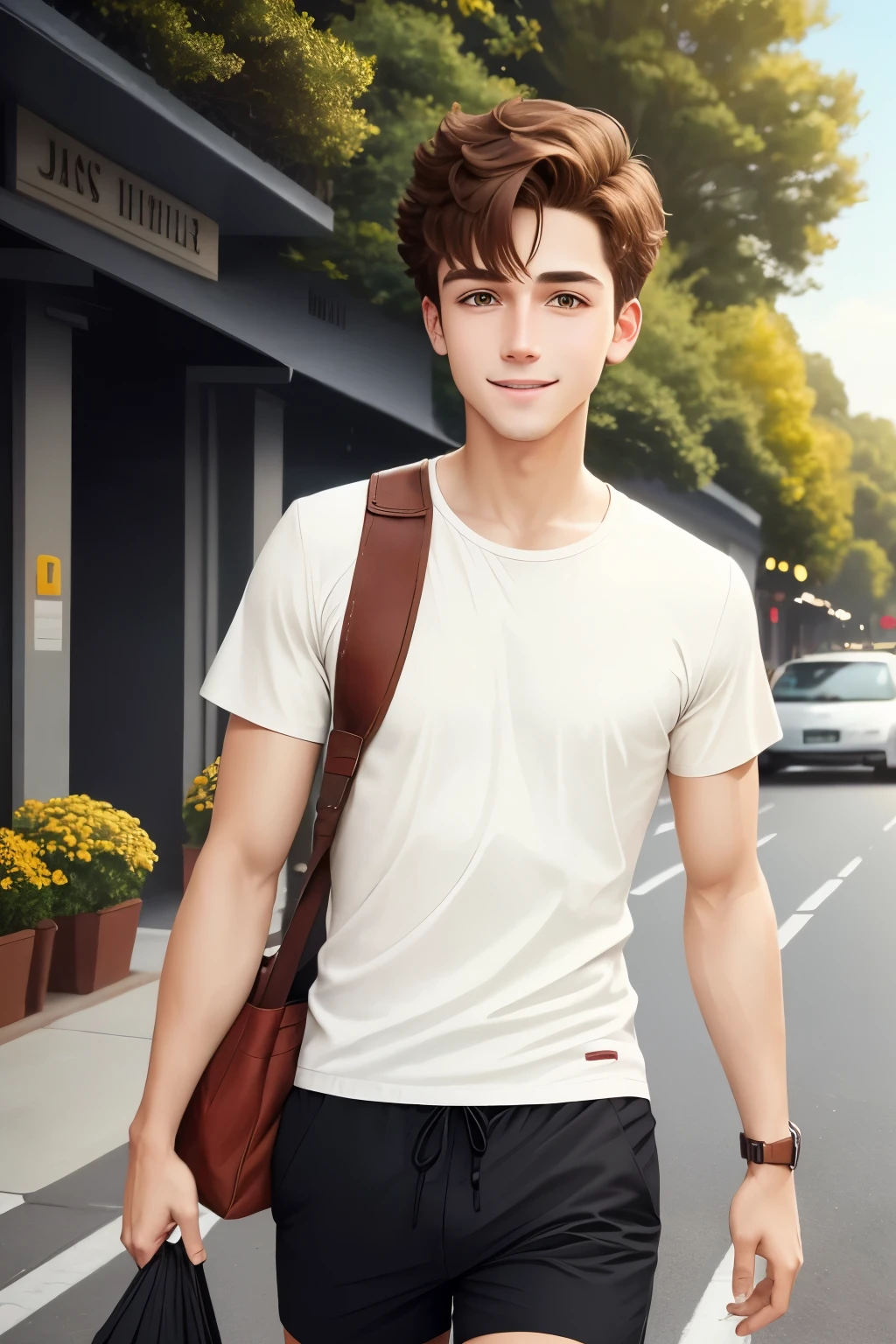 Meet Jake, a charming guy with brown hair and a friendly smile. He's dressed in a casual outfit, wearing a simple t-shirt and a pair of shorts that fit him perfectly. Jake's eyes shine with enthusiasm and curiosity as he goes about his day, exploring the wonders of the world around him. Whether he's running errands in town or relaxing at home, Jake's easy-going nature and carefree attire make him a joy to be around.