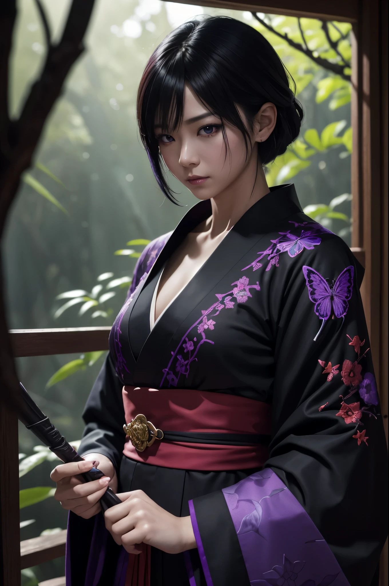 8K,Woman in Japan traditional costume,(dark shot:1.4), 80mm, (dark shot:1.4), 80mm, epic real, Big eyes,Black hair short bob hair,black and purple butterfly hair ornament,black kimono and red obi,black and purple butterfly pattern(Precise butterfly embroidery),purple eyes(purple effect),range murata, wonderful, matted, paul gauguin, art,soft cinematic light, adobe lightroom, photo lab, HDR, 複雑で非常にdetailed, (Depth of bounds written:1.4), (dark shot:1.22), Neutral Color, (HDR:1.4), (calm colors:1.4), (Complex), (artステーション:1.2), 超detailedな, dramatic, Complex細部, (technicolor:0.9), (rutkowski:0.8), horror movie-like, detailed, soft light, sharp, exposure blend, medium shot, Bokeh, (HDR:1.4), high contrast,  (calm colors, dim color, calm colors調:1.3), low saturation, (超detailedな:1.2), (noir:0.4), horror light,sharp, exposure blend、medium shot、Bokeh、(HDR:1.4)、(hyper detail:1.2)、(noir:0.4)、(Complex細部:1.12)、HDR、(Complex細部、hyper detail:1.15)Photorealistic RAW photos of the highest quality。Bright colors,rich colors, Backlight, cinematic lighting, film grain, to be born, 50mm lens, Nikon D850,realistic skin,ファンタジーart,キャラクターart,ultra high resolution,Lots of poses,muscular slim body,verandah of a large mansion,in the forest,super realistic skin,late night,underworld devil makeup,demon makeup,battle scene,action scene,action pose,wave a fan,