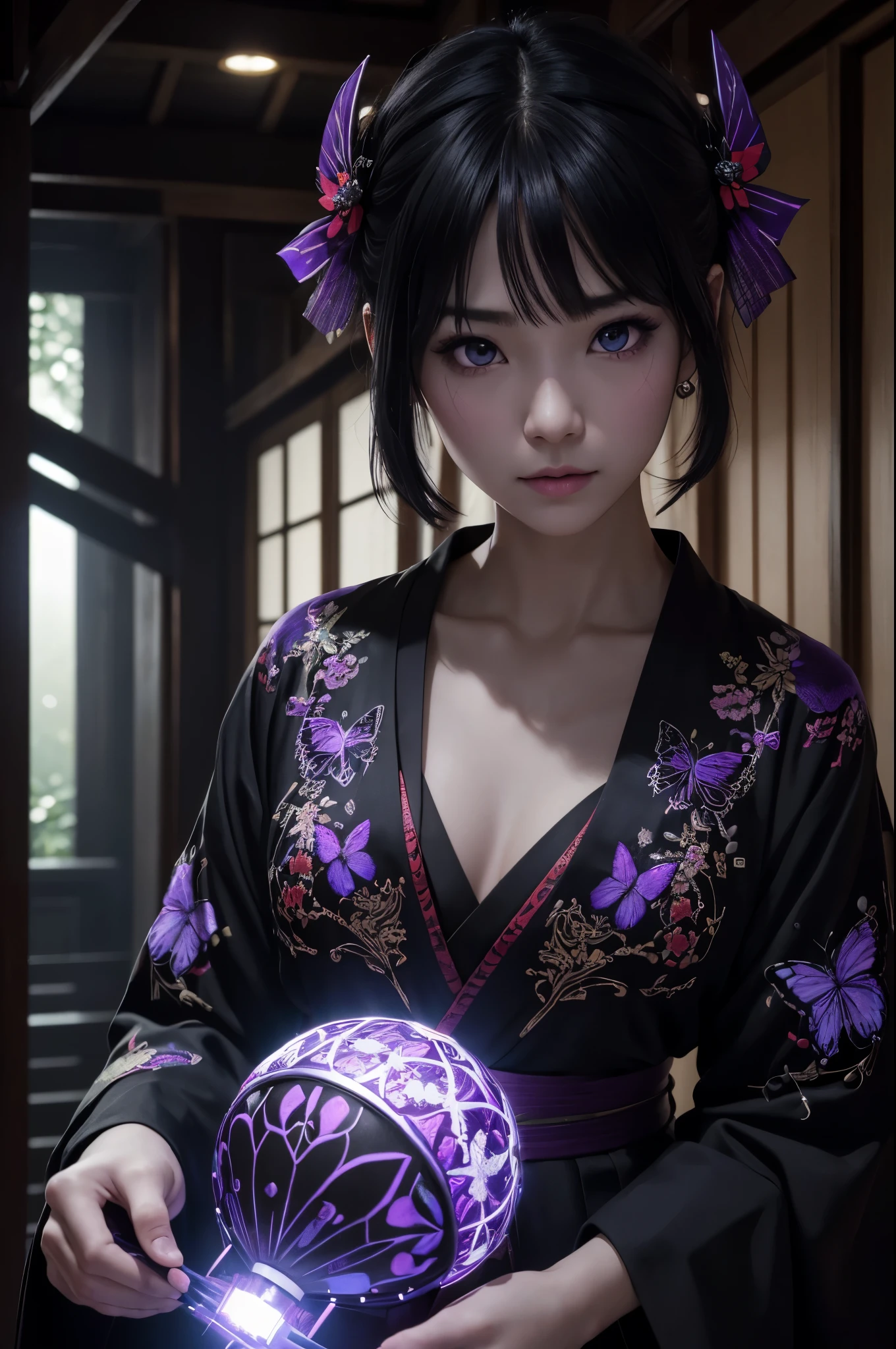 8K,Woman in Japan traditional costume,(dark shot:1.4), 80mm, (dark shot:1.4), 80mm, epic real, Big eyes,Black hair short bob hair,black and purple butterfly hair ornament,black kimono and red obi,black and purple butterfly pattern(Precise butterfly embroidery),purple eyes(purple effect),range murata, wonderful, matted, paul gauguin, art,soft cinematic light, adobe lightroom, photo lab, HDR, 複雑で非常にdetailed, (Depth of bounds written:1.4), (dark shot:1.22), Neutral Color, (HDR:1.4), (calm colors:1.4), (Complex), (artステーション:1.2), 超detailedな, dramatic, Complex細部, (technicolor:0.9), (rutkowski:0.8), horror movie-like, detailed, soft light, sharp, exposure blend, medium shot, Bokeh, (HDR:1.4), high contrast, (calm colors, dim color, calm colors調:1.3), low saturation, (超detailedな:1.2), (noir:0.4), horror light,sharp, exposure blend、medium shot、Bokeh、(HDR:1.4)、(hyper detail:1.2)、(noir:0.4)、(Complex細部:1.12)、HDR、(Complex細部、hyper detail:1.15)Photorealistic RAW photos of the highest quality。Bright colors,rich colors, Backlight, cinematic lighting, film grain, to be born, 50mm lens, Nikon D850,realistic skin,ファンタジーart,キャラクターart,ultra high resolution,Lots of poses,muscular slim body,verandah of a large mansion,in the forest,super realistic skin,late night,underworld devil makeup,demon makeup,battle scene,action scene,action pose,wave a fan,