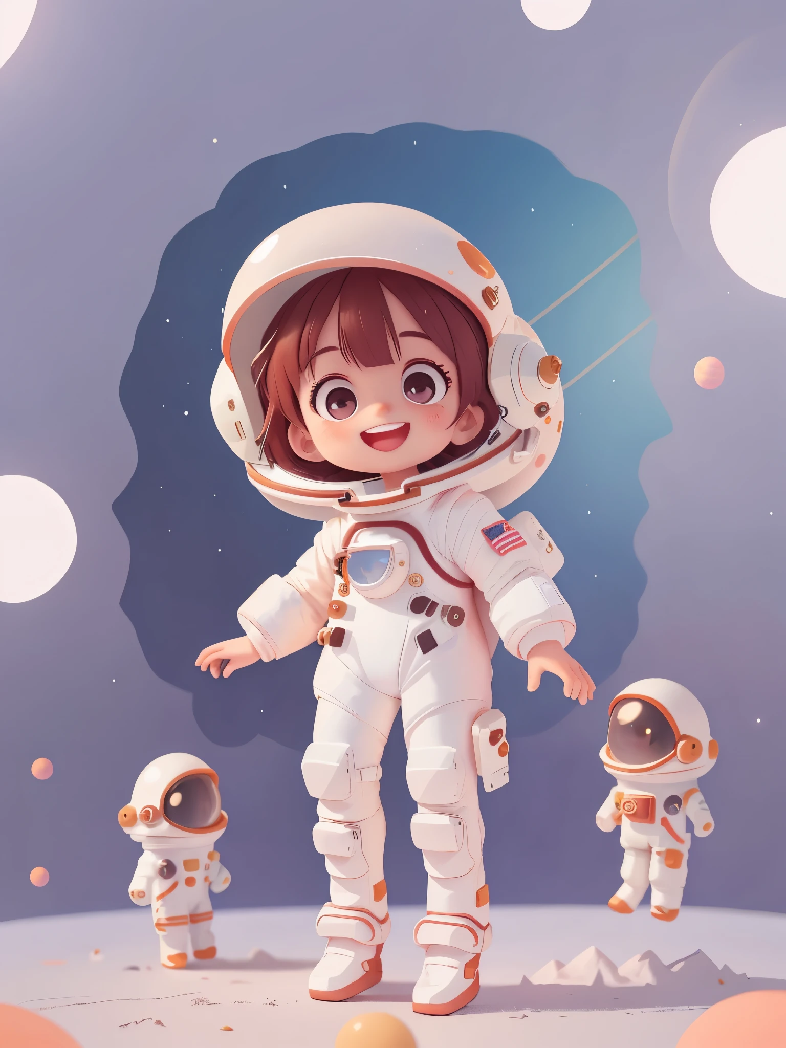 Cute girl who dreams of becoming an astronaut, ,Dress up as an astronaut,wear(((White spacesuit))), white aerospace helmet,space background,smiling, (masterpiece: 1.2) (actual: 1.2) (Bokeh) (best quality) (delicate skin: 1.3) (intricate details) (8k) (exquisite eyes) (sharp focus), (happy)