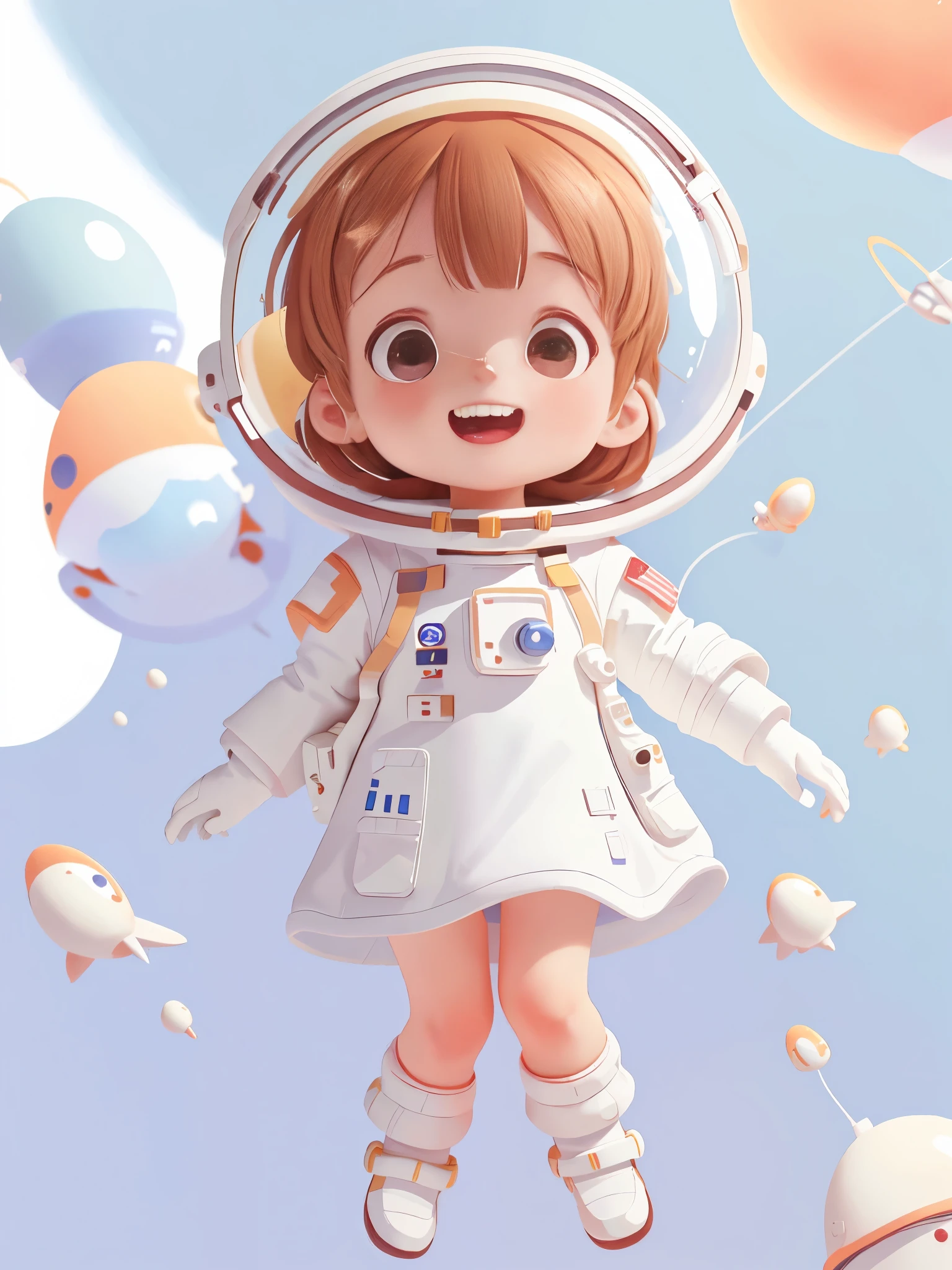 Cute girl who dreams of becoming an astronaut, ，Dress up as an astronaut，wear(((White spacesuit))), white aerospace helmet，space background，smiling, (masterpiece: 1.2) (actual: 1.2) (Bokeh) (best quality) (delicate skin: 1.3) (intricate details) (8k) (exquisite eyes) (sharp focus), (happy)