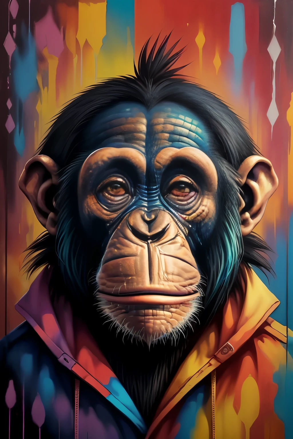 Chimpanzee ),(feliz),2 orejas, Acolchado Eduardo Kobra ,wall PORTRAIT geometric multidimensional, arte, Chibi,
yang08k, hermoso, De color,
Obras maestras, Calidad superior, La mejor calidad, Arte Oficial, Beautiful and Aesthetic,