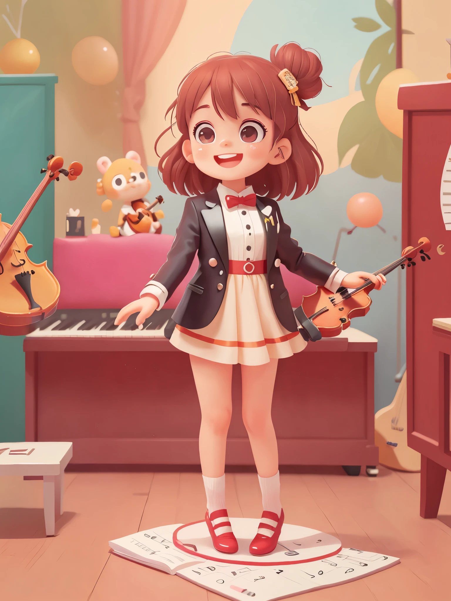 Cute girl who dreams of becoming a musician, preschool，Dress up as a musician，wear(((Sophisticated tuxedo))), With a violin，standing in front of cello，standing in front of the piano, sunny, smiling, (masterpiece: 1.2) (actual: 1.2) (Bokeh) (best quality) (delicate skin: 1.3) (intricate details) (8k) (exquisite eyes) (sharp focus), (happy)