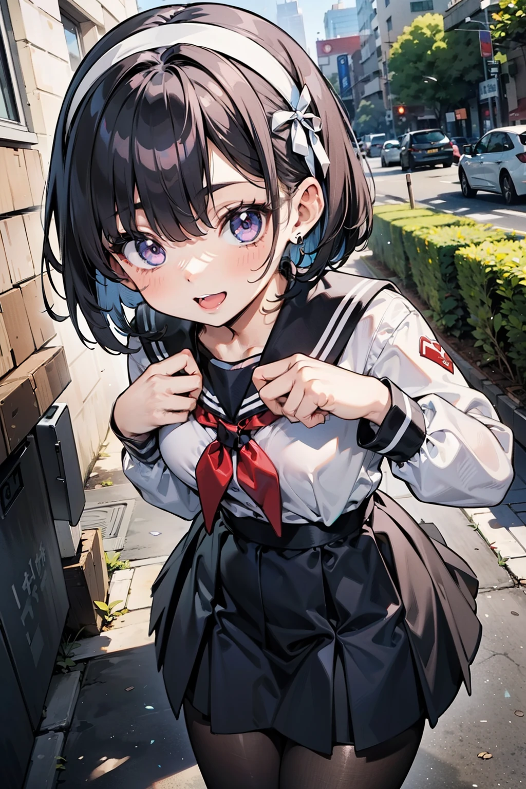 body 8 times longer than head, (Highly detailed CG unity 8k), (highest quality),(very detailed),(ultra high resolution), black hair, High school girl wearing a navy sailor suit, Anime 2D rendering, realistic young anime high school girl, ((White headband)), purple eyes, small breasts, tall, slanted eyes, (school scenery), black stockings, bright color, open your mouth, Dark blue skirt, bob cut, position looking down from above, Face upwards, smile, Hugging Pose, ,