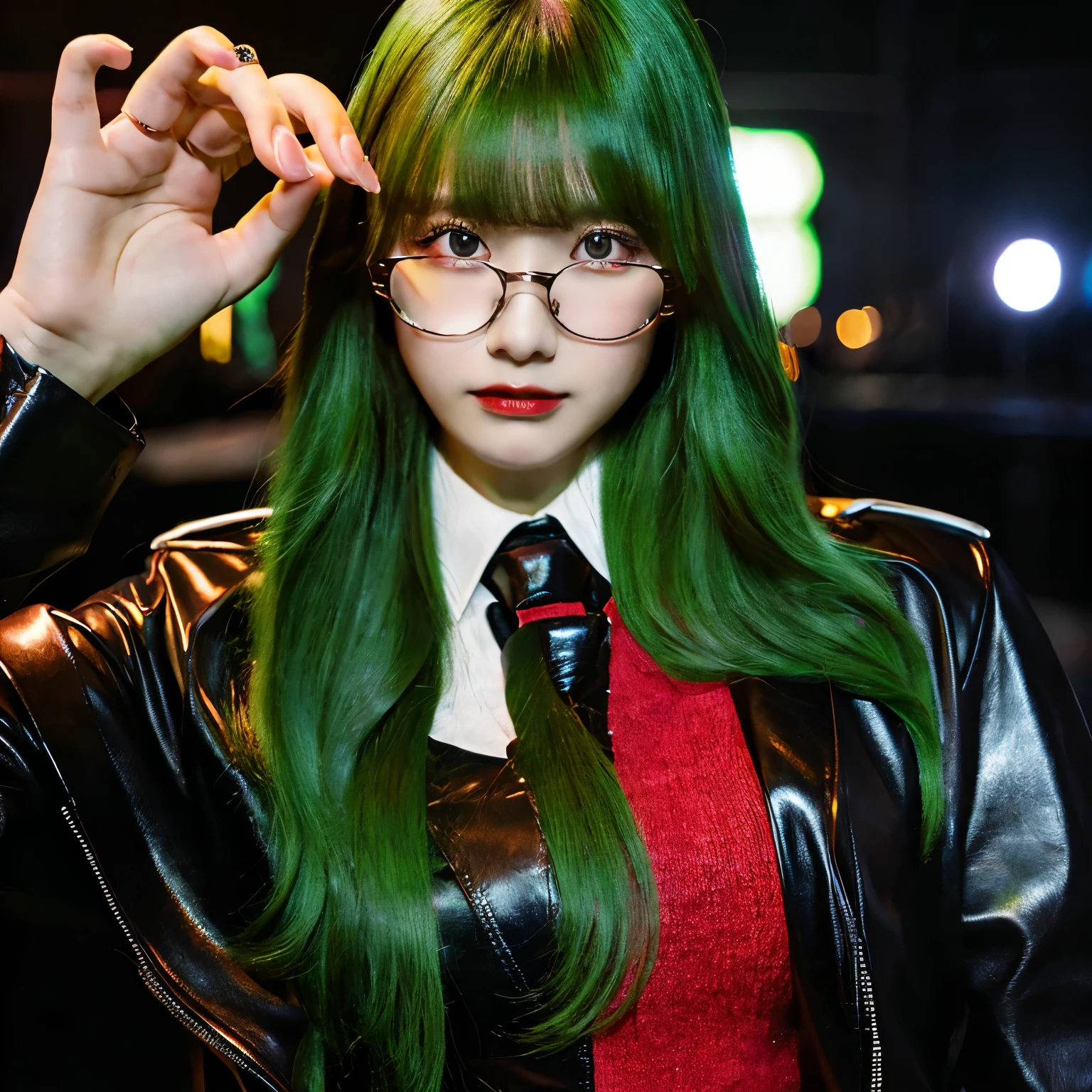 (best quality,highres,masterpiece:1.2),ultra-detailed,(realistic,photorealistic,photo-realistic:1.37),portrait,man,glasses,long green hair,red eyes,leather clothes,hand in pocket,vivid colors,studio lighting,sharp focus