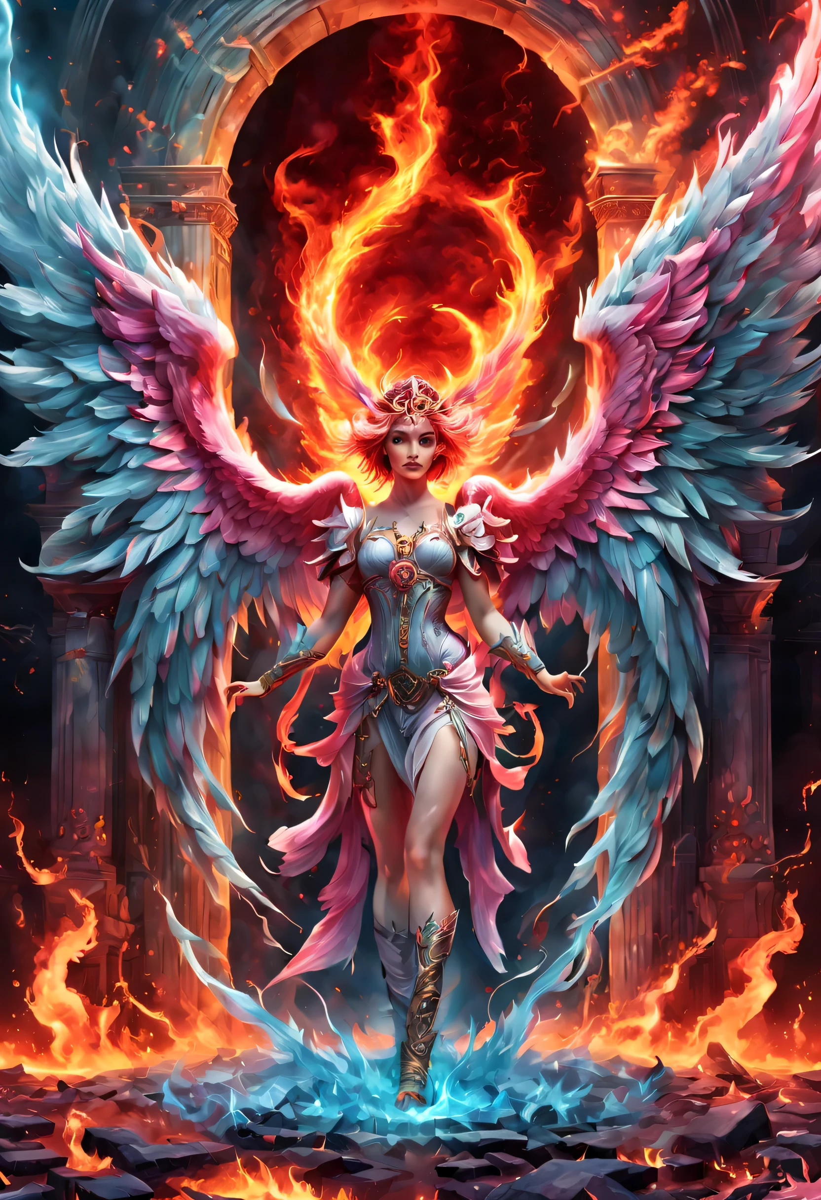 high details, best quality, 16k, [best detailed], masterpiece, best quality, (extremely detailed), a view from the rear of a beautiful angel looking through  a magical portal onto hell, the portal has magical pink magical wards  on it, she sees the fiery hell and rolling inferno faize , GlowingRunes_paleblue, GLOWING STYLE, feathered wings