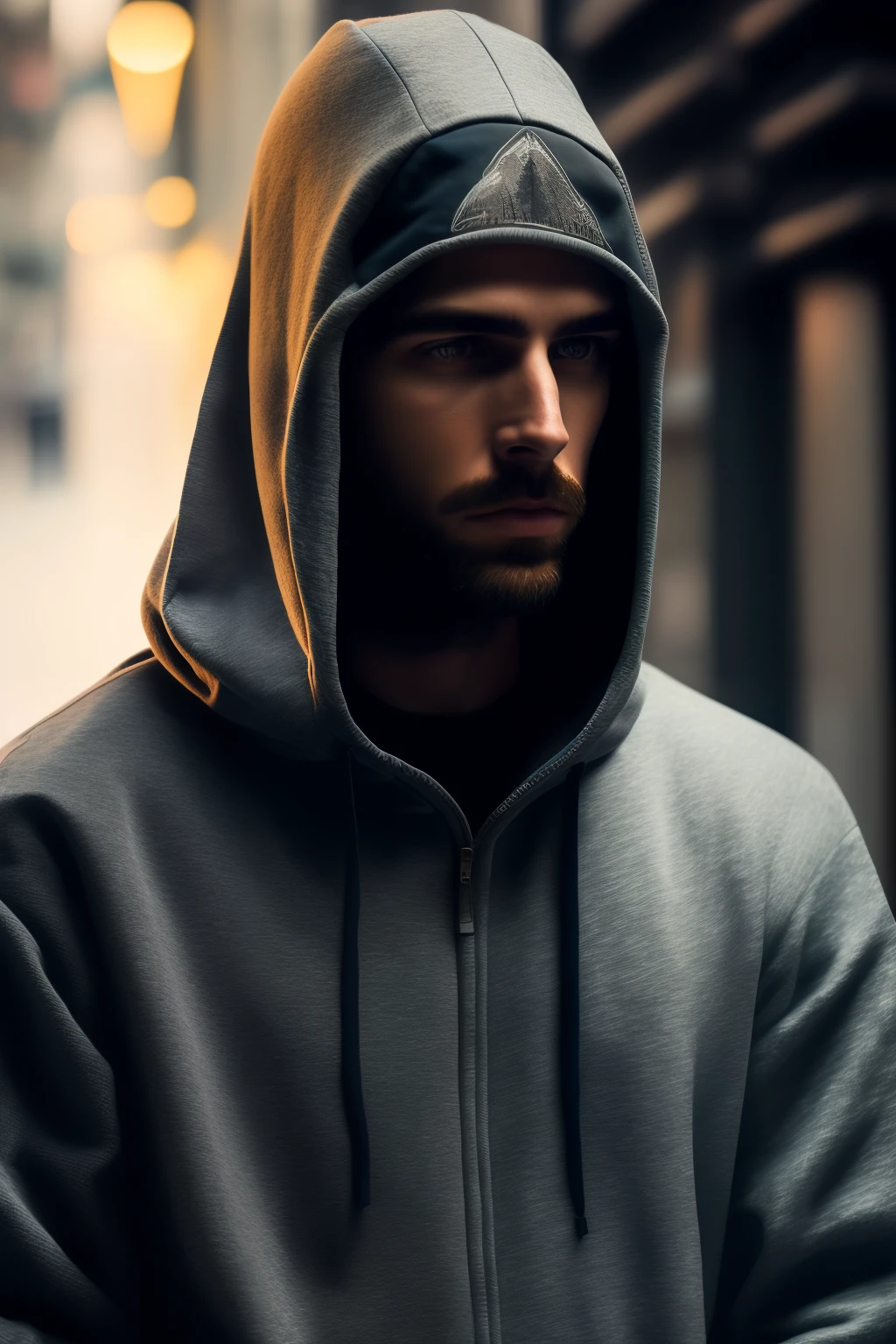 Guy in a sweatshirt, face hidden under the hood, dimly lit environment, dark mood, high level of detail, realistic textures on the sweatshirt fabric, intricately depicted folds of the hood, naturalistic colors, professionally color graded for a cinematic effect, 8k resolution.