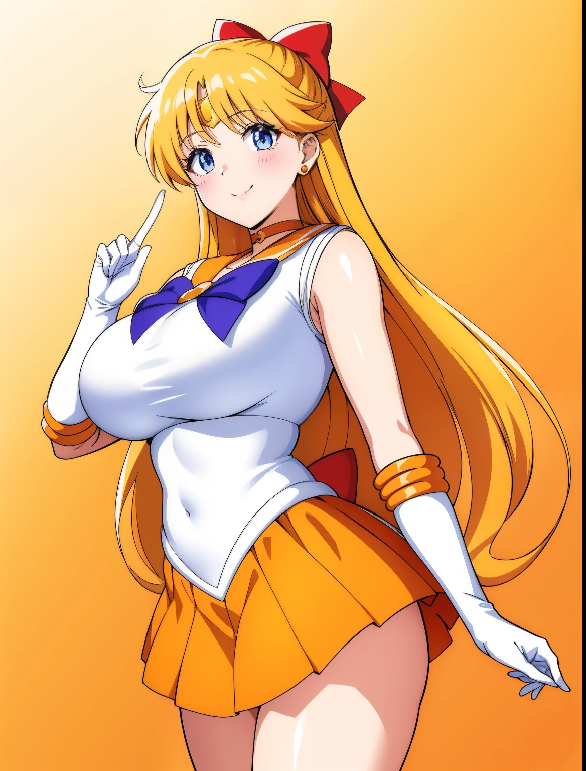 Top Quality Anime Art、masterpiece、high definition anime art、アニメstyle4K、High resolution、aino minako、Anime Aunt、MILF、mature woman、mature woman、Woman in her 40s、sailor venus、rating:safe、Sailor Senshi Uniform、Magical girl、very long blonde woman、red_head_bow、Red ribbon on head、Orange sailor collar、Golden sailor collar、bow、purple bowtie、white gloves、long gloves、white leotard、high leg leotard、white dress、solo、Orange Choker、Golden Choker、skirt、Orange skirt、Golden skirt、Blue-eyed boy、hair_bow、Star earrings、Half Up Hair、Crescent Moon、mini skirt、pleated skirt、orange background、golden color background、woman with very large breasts、big breasts、smile、jewelry、cowboy shot、back_bow、looking_at_viewer、index_finger_raised、circlet、gradient_background、a woman is standing、gradient、blush、pointing、(1990s\(style\):0.9)
