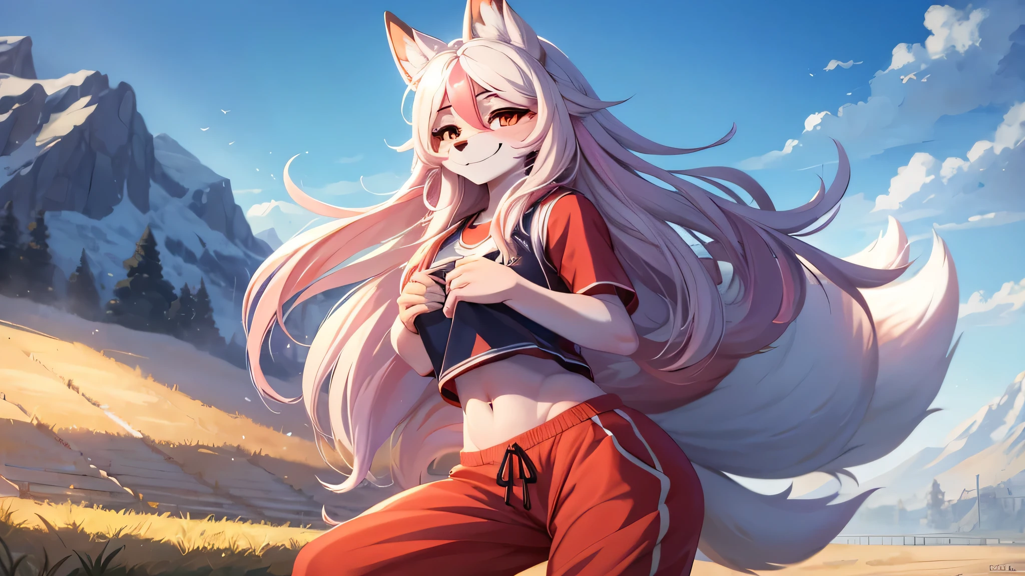 Masterpiece, extremely charming, perfect, beautiful nine-tailed fox girl, white long hair, beautiful face, furry limbs, art sports top, sweatpants, smile