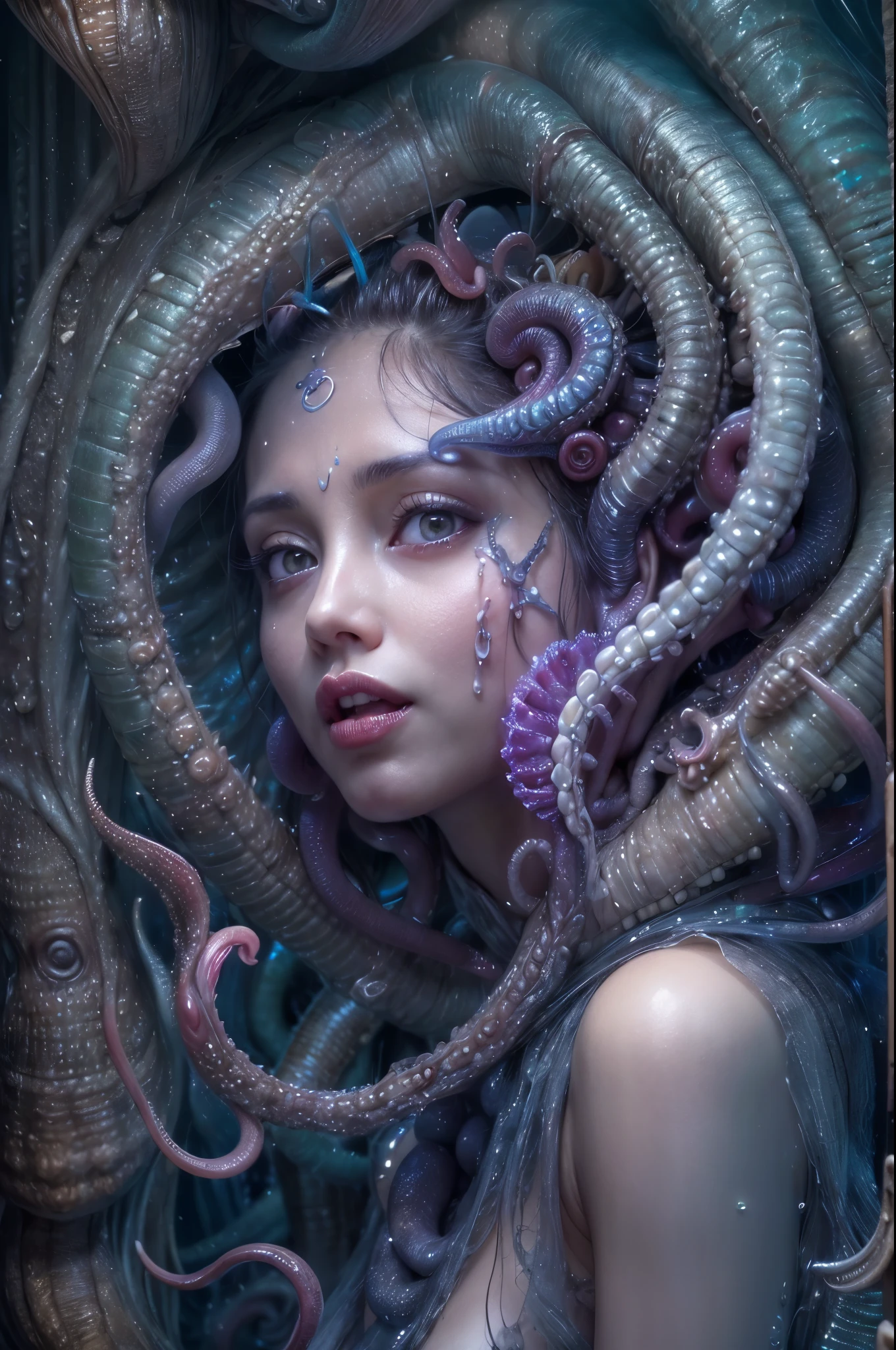 (A portrait of one beautiful and obscene female alien in the water of the deep sea, who is a young teenager:1.4), ((There is a female genital-like organ in the middle of her forehead:1.8)), (realistic face:1.2), (Numerous award-winning masterpieces, with incredible detail, textures and maximum detail), artistic photography, midnight aura, unreal engine 5, Ultra Sharp Focus, art by Amano Yoshitaka, ArtGerm, Roisch, intricate artwork, ultra realistic realism, high resolution, High freshness, drawing faithfully, official art, Unity 8K Wall paper, ultra detailed artistic photography, dream-like, Creation of fantasy, dream Snail, (biopunk nautilus:1.3),Thrilling color schemes, seductively smiling, Amazing mutation, well-proportioned body, goddess of the deep sea, fractal, Geometric pattern, impossible figures, (translucent white tentacles with luminescent organs:1.4), subtle emerald green accents, (smiling seductively:1.3),(She has the most beautiful face in the history of the universe:1.5), Penelope Cruz, (she is looking down at viewers with glowing iridescent eyes with no pupils:1.3), an evil gaze that seduces, cinematic lighting, (Vampire-like long canine teeth can be glimpsed through the gap between the cute lips:1.3), in the hall of the palace, Sweet breath is exhaling from beautiful lips, ecstatic expression