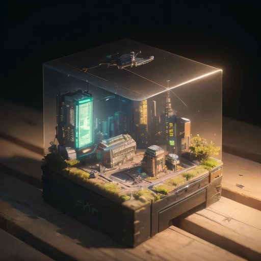 small realistic model, (8k, original photo, best quality, masterpiece:1.4),SteampunkCyberpunk1929 City,(Cyberpunk light:1.3),on the table,horizon (related to land),(in a small nature box:1.3),Isometric, small nature, landscape on foundation,landscape,