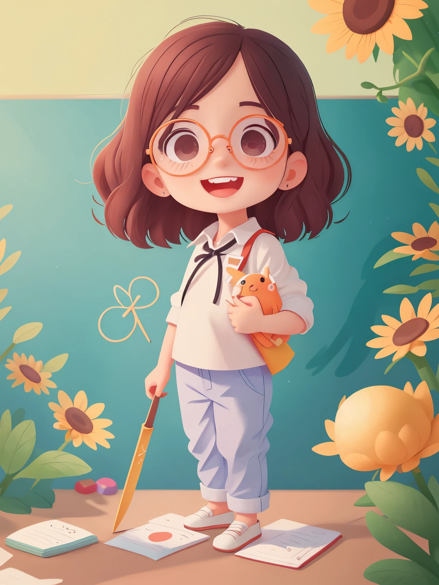 Cute girl who dreams of becoming a teacher, ,Dress up as a teacher,wear(((White shirt))), long trousers,Holding a big triangle ruler,(Black-rimmed glasses),Stand in front of the blackboard, sunny, smiling, (masterpiece: 1.2) (actual: 1.2) (Bokeh) (best quality) (delicate skin: 1.3) (intricate details) (8k) (exquisite eyes) (sharp focus), (happy)