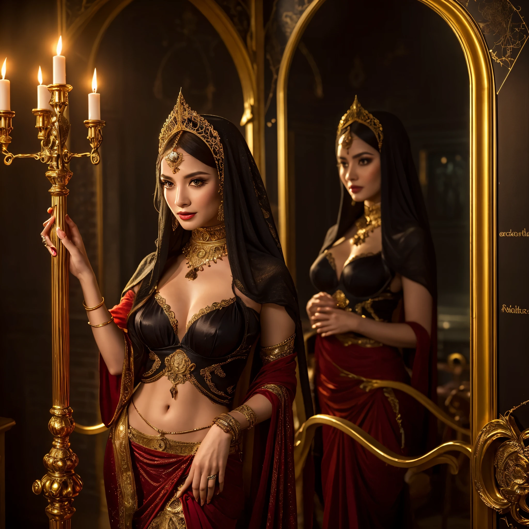 (best quality,highres:1.2),ultra-detailed,realistic,portrait,high fantasy,sexy busty Malaysian woman(age 40),jewel hijab,bikini,tames a devil,arcane chamber,well-lit room,vibrant colors,exquisite details,seductively poses,confident expression,mesmerizing eyes,long wavy hair,fine jewelry,ornate tattoos,chiseled features,soft skin,golden light,elaborate spell casting,richly decorated surroundings,enchanted atmosphere,mythical creatures in the background,elaborate tapestries,handsome yet sinister devil,subdued black and red color scheme,gentle candlelight,Northern European architecture,ethereal shimmer,curved horns,dark wings,burnished scales,dangerous yet alluring presence
