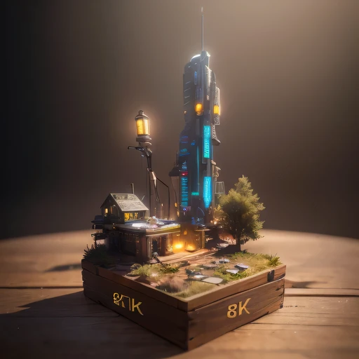 small realistic model, (8k, original photo, best quality, masterpiece:1.4),Steampunk Cyberpunk 18 Years City,(Cyberpunk light:1.3),on the table,horizon (related to land),(in a small nature box:1.3),Isometric, small nature, landscape on foundation,landscape,