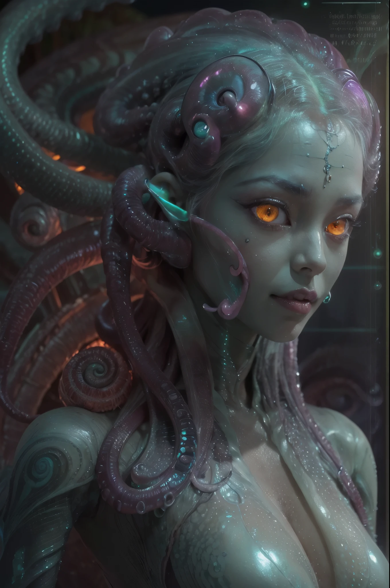 (1 extremely beautiful female medusa:1.2), With a beautiful, enchanting face, this alien seduces us with her allure. Her captivating red eyes gleam brightly, reminiscent of burning embers. Her full body is unlike any human's, boasting a sexy, otherworldly form. No humans are present in this scene as she stands alone, her cells fused in a unique and intriguing extraterrestrial way.
(extraordinary beautiful nude photo:1.4), (glowing black eyes:1.5), (sexy and glamorous:1.1), (coquettish expression:1.2), toned lean body, (muscular:1.2), (beautiful abs:1.5), beautiful nipples, (She has lots of iridescent translucent tentacles instead of her hair:1.8), pale skin, (white skin with prominent veins:1.3), (She is looking down at the viewers from above with a seductive smile that suggests a sexual invitation:1.5), wearing a beautiful brightly colored exoskeleton, ultra realistic realism, High resolution, High freshness, Unity 8K wallpaper, Super detailed artistic photography,
Lots of iridescent translucent tentacles adorn her body, shimmering under the dramatic lighting. Her pale skin, with a hint of translucency, adds to her ethereal allure. This masterpiece, rendered in 