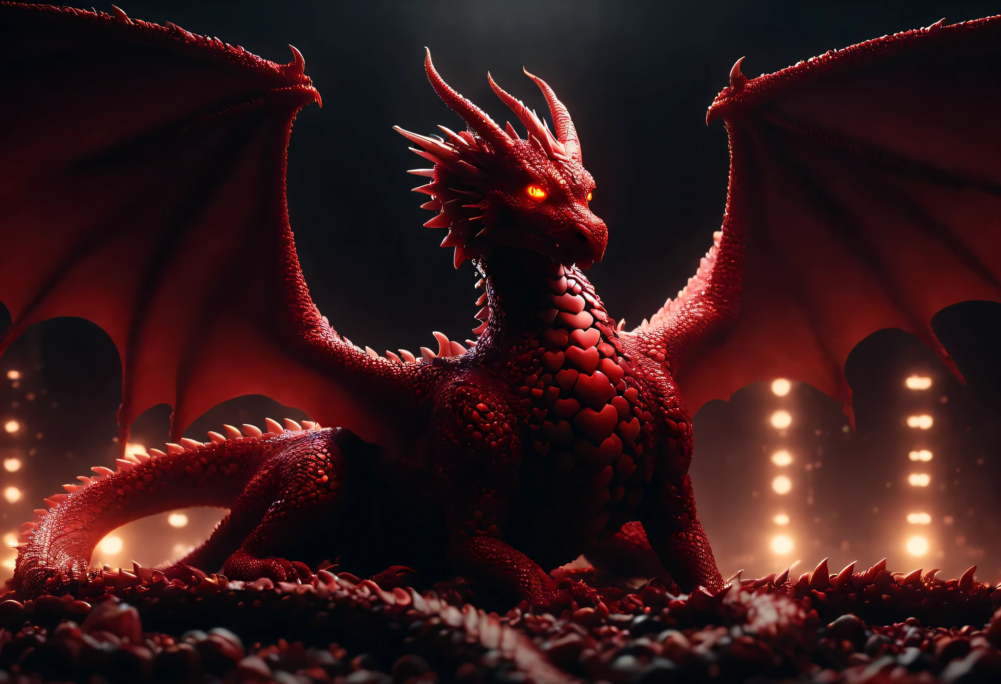 ap0l0veh3art5 style, red dragon sitting facing viewer, full body (centered), yellow (glowing eyes:1.2), spread wings, sharp dramatic atmosphere, perfect composition, ultrahigh detail, UHD, 8k wallpaper, octane render, dark industrial background, bokeh lights, reflective floor