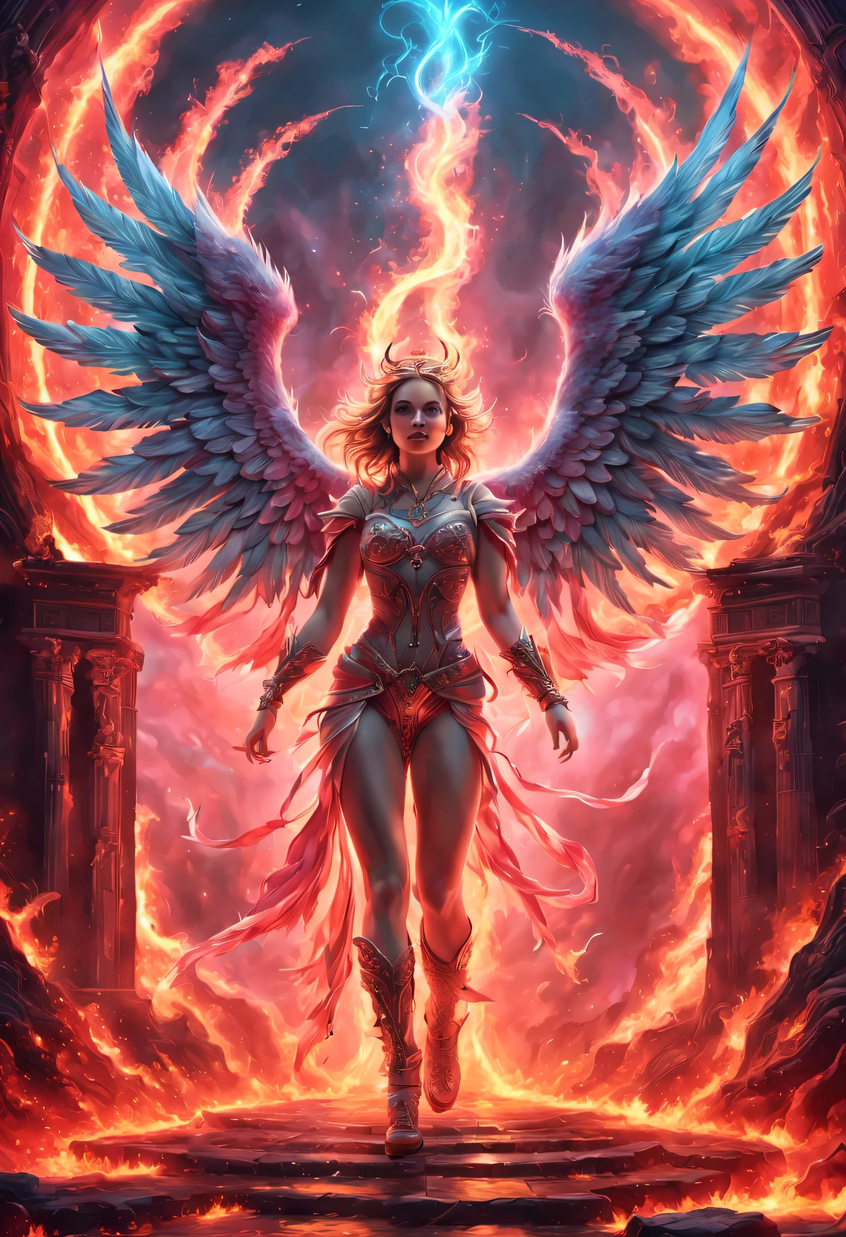 high details, best quality, 16k, [best detailed], masterpiece, best quality, (extremely detailed), a view from the rear of a beautiful angel looking through  a magical portal onto hell, the portal has magical pink magical wards  on it, she sees the fiery hell and rolling inferno faize , GlowingRunes_paleblue, GLOWING STYLE, feathered wings