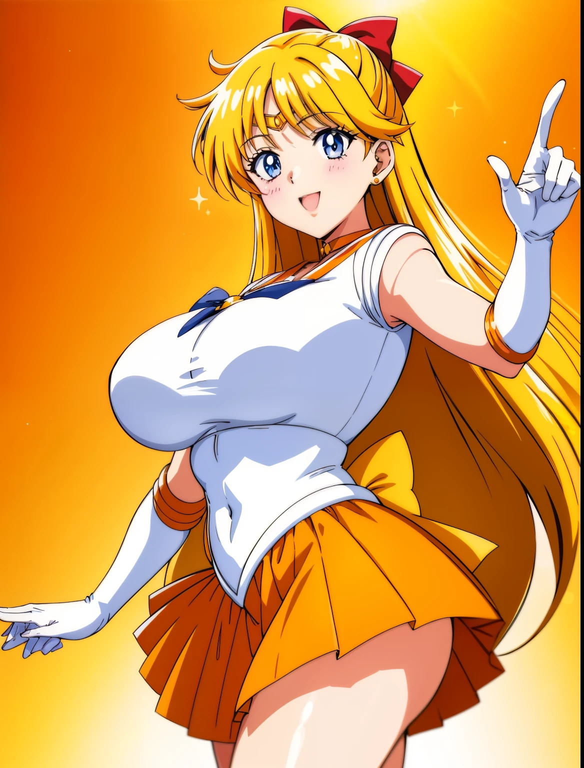 Top Quality Anime Art、masterpiece、high definition anime art、アニメstyle4K、High resolution、aino minako、Anime Aunt、MILF、mature woman、mature woman、Woman in her 40s、sailor venus、rating:safe、Sailor Senshi Uniform、Magical girl、very long blonde woman、red_head_bow、Red ribbon on head、Orange sailor collar、Golden sailor collar、bow、purple bowtie、white gloves、long gloves、white leotard、high leg leotard、white dress、solo、Orange Choker、Golden Choker、skirt、Orange skirt、Golden skirt、Blue-eyed boy、hair_bow、Star earrings、Half Up Hair、Crescent Moon、mini skirt、pleated skirt、orange background、golden color background、woman with very large breasts、big breasts、smile、jewelry、cowboy shot、back_bow、looking_at_viewer、index_finger_raised、circlet、gradient_background、a woman is standing、gradient、blush、pointing、(1990s\(style\):0.9)