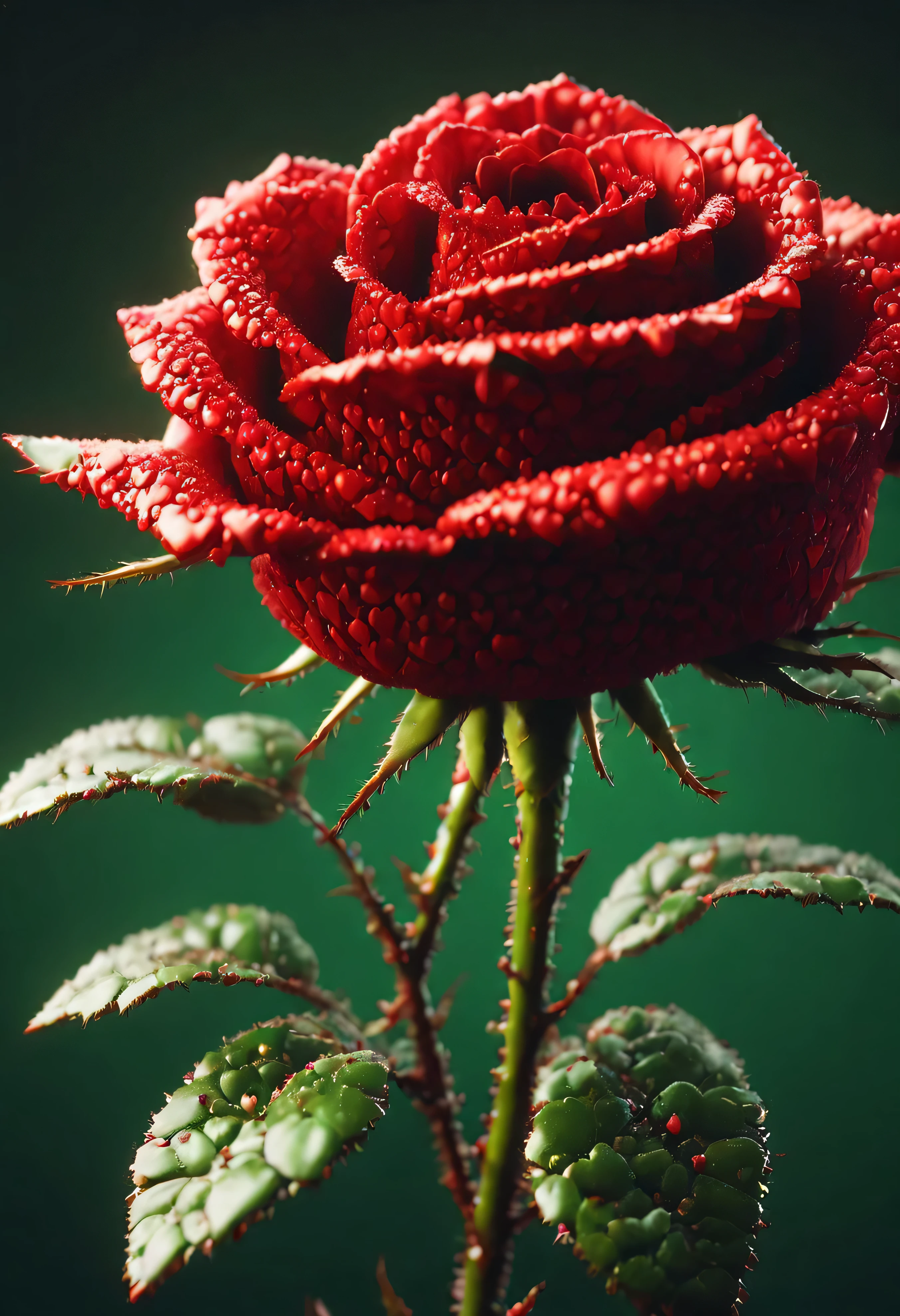 ap0l0veh3art5 style, ((red rose)), green stem, thorns, warm atmosphere, perfect composition, ultrahigh detail, UHD, 8k wallpaper, octane render, simple colour gradient background, bokeh lights