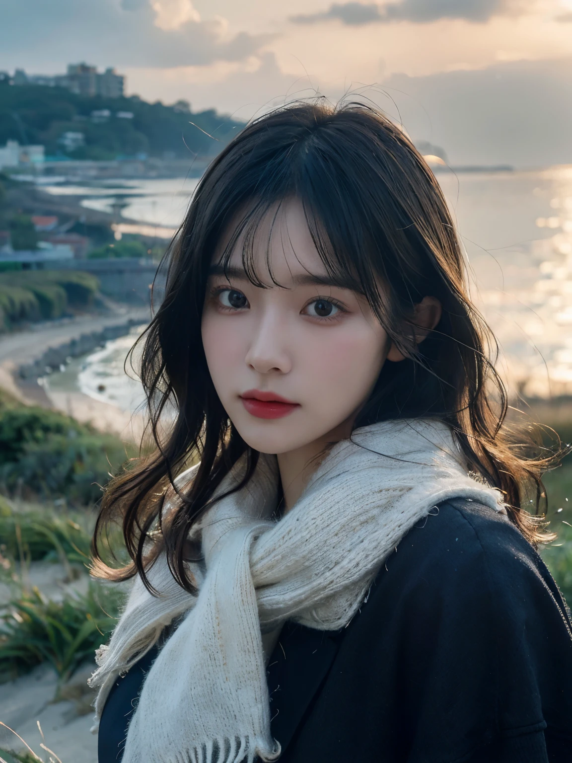 8K, highest quality, masterpiece, realistic, ultra detail, photo realistic, Improvement of quality,
Photo of a girl standing in a field with a scarf, In a dark and brooding designer style, voluminous mass, photo bash, calm face, jagged edges, navy, beauty of nature, close up shot、front view、Beach waves