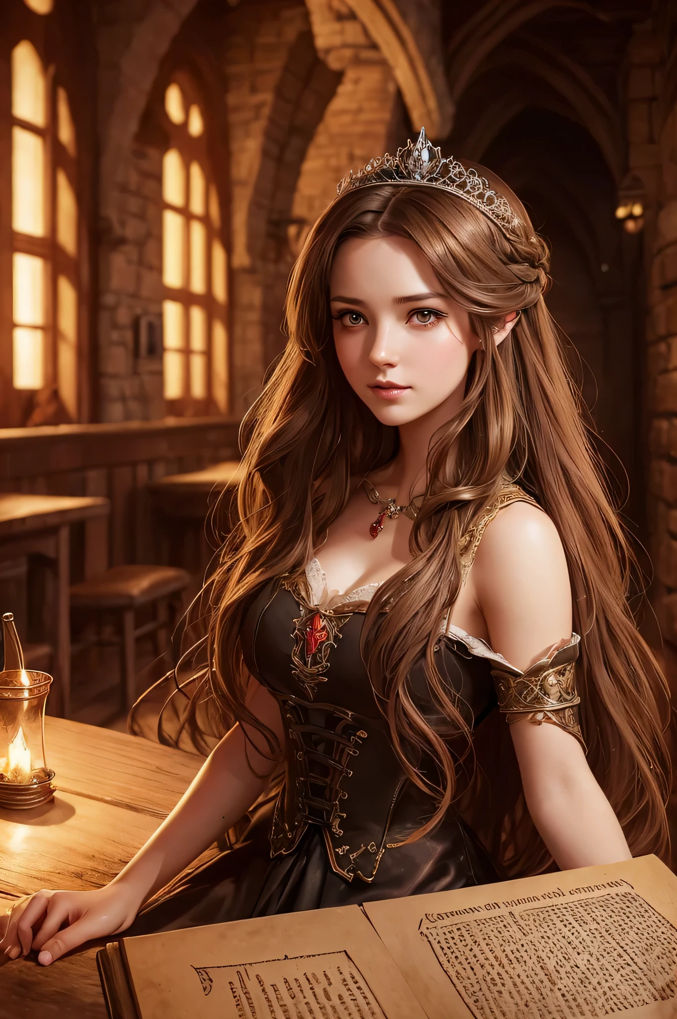 A beautiful princess singing in a medieval tavern, medium breasts, brown eyes, brown hair, hair over shoulder, longeyelashes, 4K, award winning, highly detailed, digital painting, ArtStation, concept art, smooth, sharp focus, Illustration by Wlop, Charlie Bowater et Alexandra Fomina, red eyes, illustration, Gothic art, masterpiece