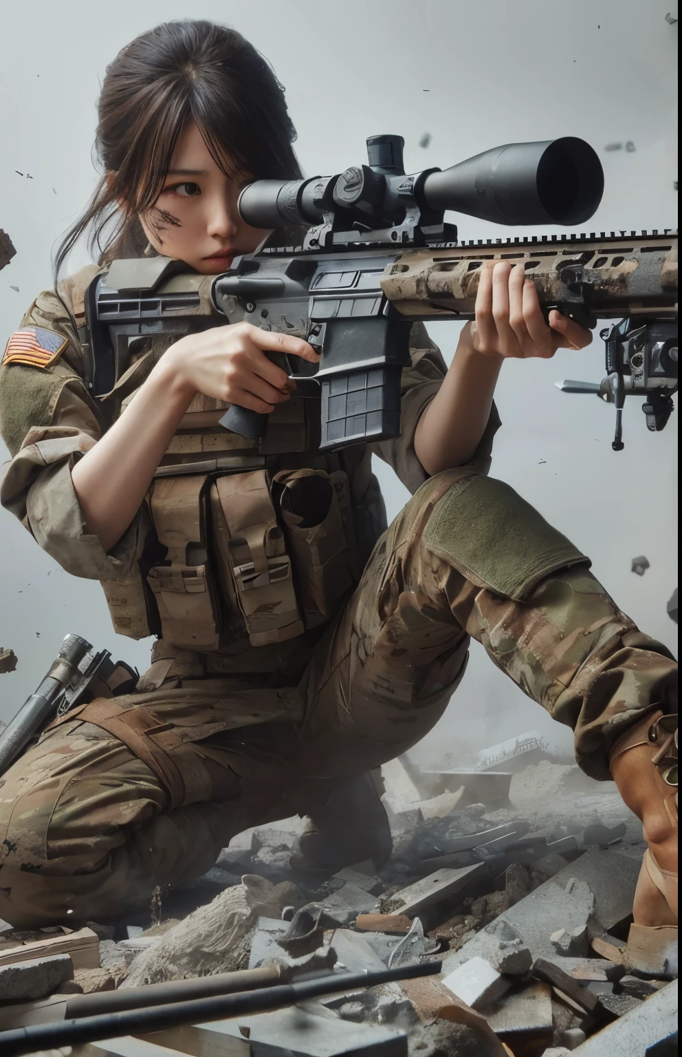 photorealistic、Realistic skin textures、A beautiful Japanese woman belonging to the American military is aiming with a sniper rifle.、standing、On the rubble、brown dust smoke、Action poses with movement、Image from front top