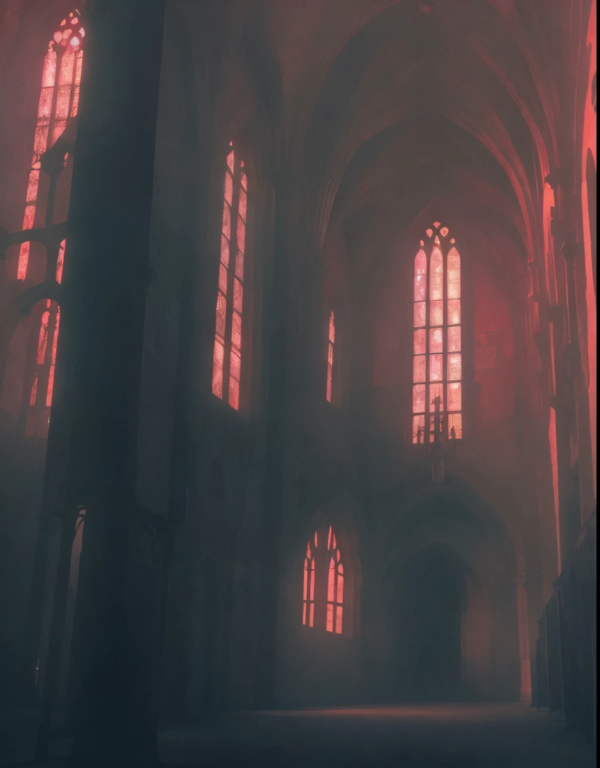 there is a large room with many windows and a clock, gothic atmosphere, catedral, gothic fog atmosphere, in a large catedral, cyberpunk catedral, red and cinematic lighting, mystical catedral windows, Atmospheric Red Effects, dark gothic catedral, Inside a gothic dystopia, gothic catedral, Background of the Gothic church, catedral background, rojo - niebla tonificada, Atmospheric red lighting