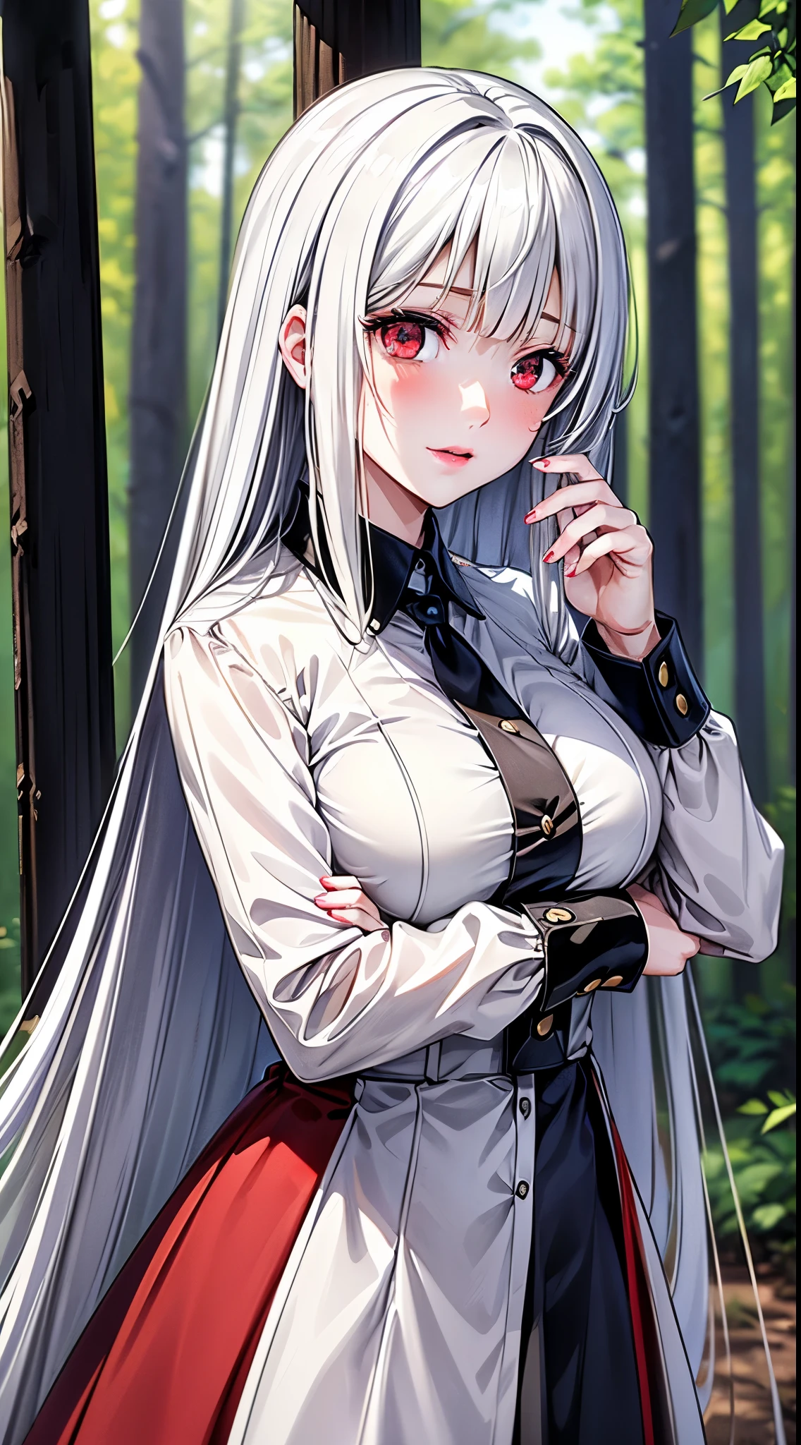 (detailed face, Detailed eyes, 8K wallpaper, ultra detialed, beautiful and aesthetically pleasing, perfect lighting, 16 k, 8K, UHD, soft lighting, a high resolution, Best quality, masterpiece, Digital illustrations),(In the woods, ), (full length), (Serious), ((Red eyes:1, 1 girl )),(White hair, long hair), (Cloth)