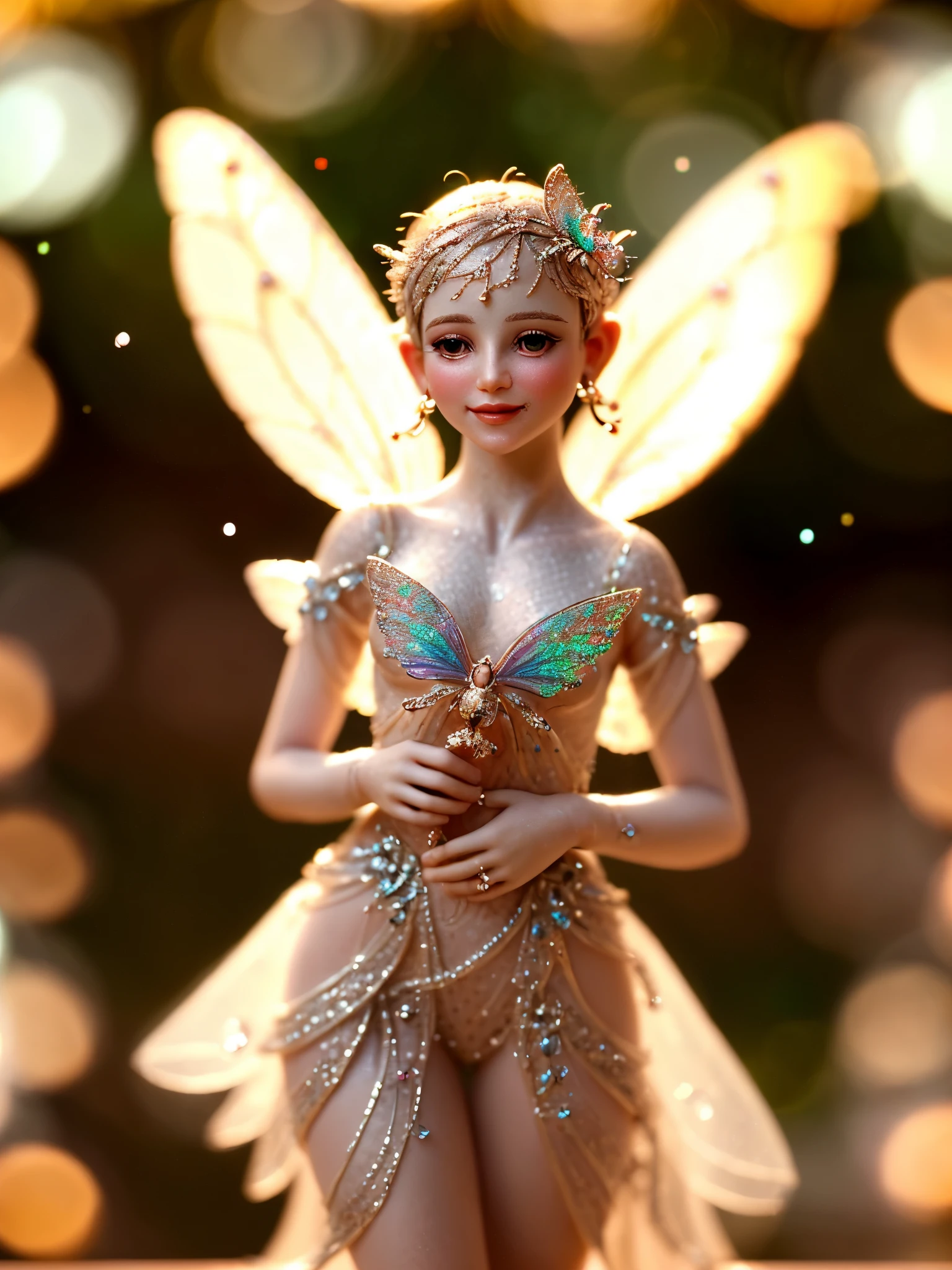 Delicate mini fairy, tiny and enchanting, are depicted perched delicately on the tip of a finger. This breathtaking image, captures the ethereal beauty of these diminutive creatures. Every intricate detail is carefully rendered, showcasing their intricate wings glistening in vibrant colors and their miniature bodies adorned with intricate patterns. The artist's masterful technique ensures that even the tiniest features of the fairies are exquisitely depicted, allowing viewers to appreciate the sheer quality and precision of this enchanting image, playful body manipulations, smile, gaze into the camera, Whimsical lighting, Enchanted ambiance, Soft textures, Imaginative artwork, Ethereal glow, Silent Luminescence, Whispering Silent, Iridescent Encounter, pixie dust glittering, vibrant background, by Skyrn99, full body, (((rule of thirds))), high quality, high detail, high resolution, (bokeh:2), backlight, long exposure:2