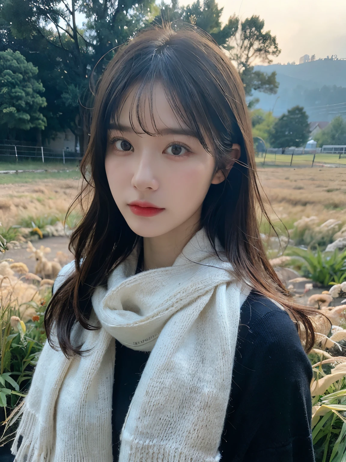 8K, highest quality, masterpiece, realistic, ultra detail, photo realistic, Improvement of quality,
Photo of a girl standing in a field with a scarf, In a dark and brooding designer style, voluminous mass, photo bash, calm face, jagged edges, navy, beauty of nature, close up shot