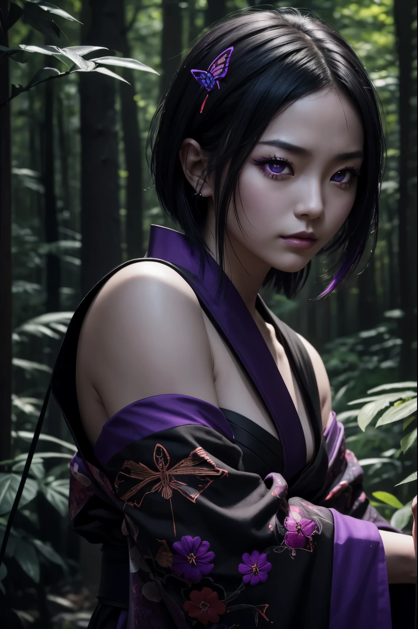 8K,Woman in Japan traditional costume,(dark shot:1.4), 80mm, (dark shot:1.4), 80mm, epic real, Big eyes,Black hair short bob hair,black and purple butterfly hair ornament,black kimono and red obi,black and purple butterfly pattern(Precise butterfly embroidery),purple eyes(purple effect),matted, art,soft cinematic light, photo lab, HDR, 複雑で非常にdetailed, (Depth of bounds written:1.4), (dark shot:1.22), (artステーション:1.2), 超detailedな, dramatic, intricate details, (technicolor:0.9), (rutkowski:0.8), horror movie-like, detailed, soft light, sharp, exposure blend, medium shot, (noir:0.4), horror light,sharp, exposure blend、medium shot,Photorealistic RAW photos of the highest quality。Backlight, cinematic lighting, film grain, to be born, 50mm lens, Nikon D850,realistic skin,ファンタジーart,キャラクターart,ultra high resolution,Lots of poses,muscular slim body,in the forest,super realistic skin,late night,underworld devil makeup,demon makeup,battle scene,action scene,action pose,wave a fan,