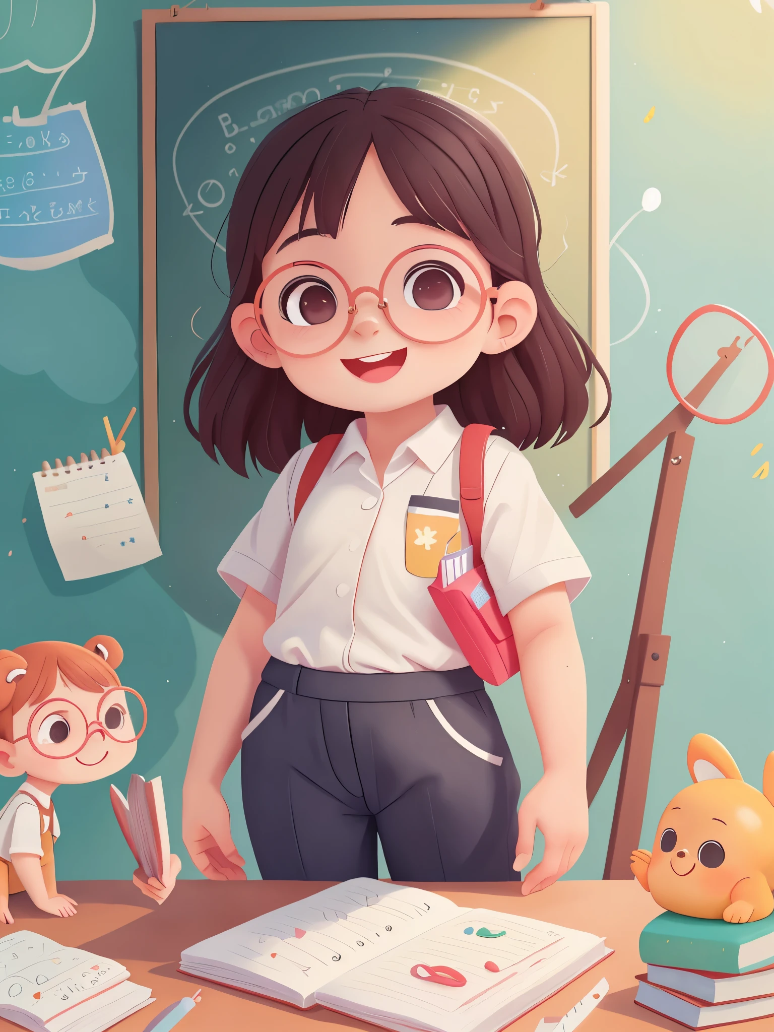 Cute girl who dreams of becoming a teacher, ，Dress up as a teacher，wear(((White shirt))), ((Dark trousers))，hold((book))and((ruler))，((Black thick-rimmed glasses))，Stand in the classroom，In front of the blackboard, smiling, (masterpiece: 1.2) (actual: 1.2) (Bokeh) (best quality) (delicate skin: 1.3) (intricate details) (8k) (exquisite eyes) (sharp focus), (happy)