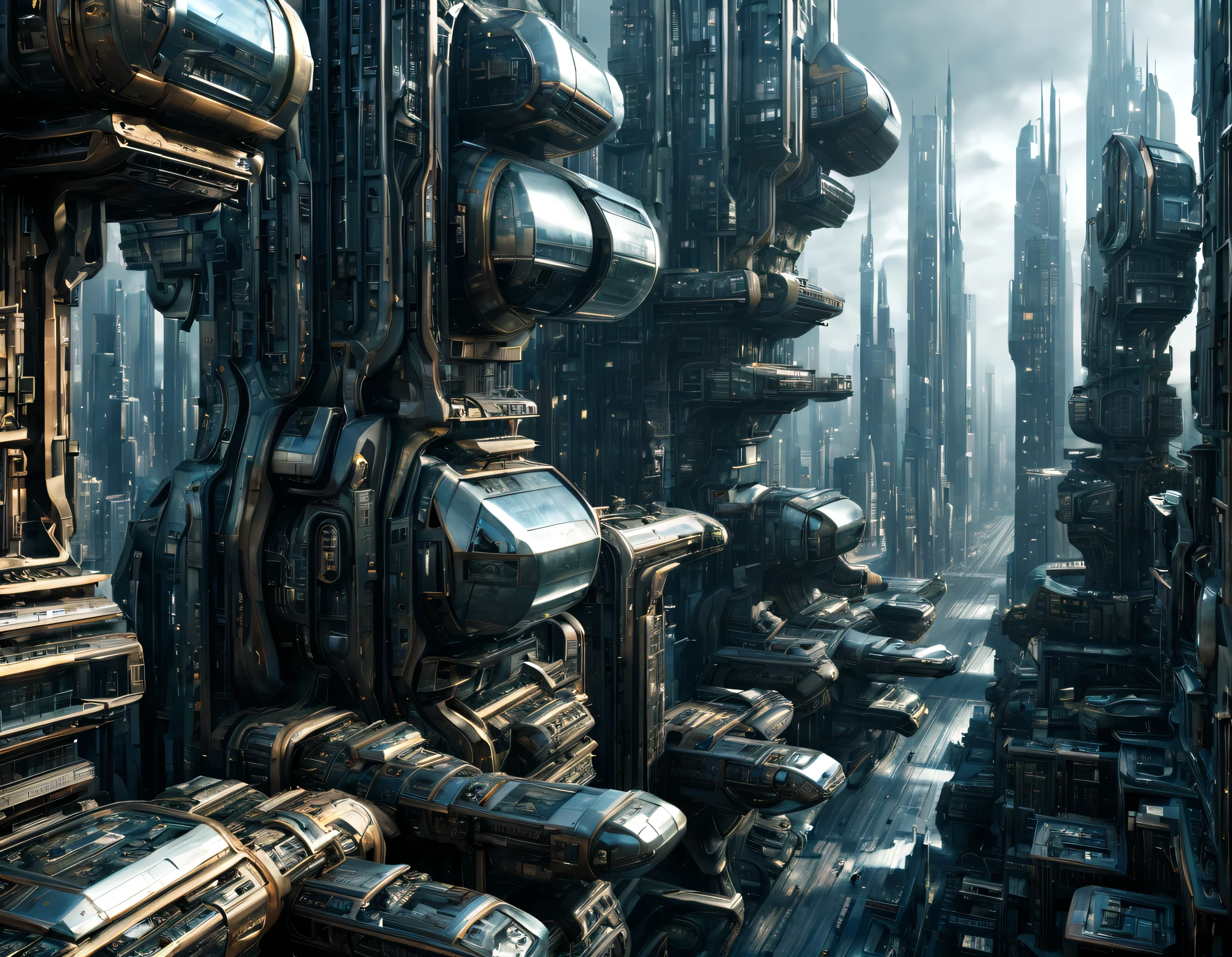 the city of megacity futuristic science fiction city as it would be in the year 3029, vista desde una terraza , with high-tech design , conglomerado de edificios de metal y cristal, highways crossing them, de una inmensidad impresionante, con el empleo de oro , silver and bronze in its construction, realmente impresionante a la vista, imagen bien definida, sharp well defined background, con muchos edificios juntos. sharp well defined 8k image. los edificios llegan alta el fondo.,8k. cinematographic image, renderizado 3d, ((obra maestra de superior calidad)).