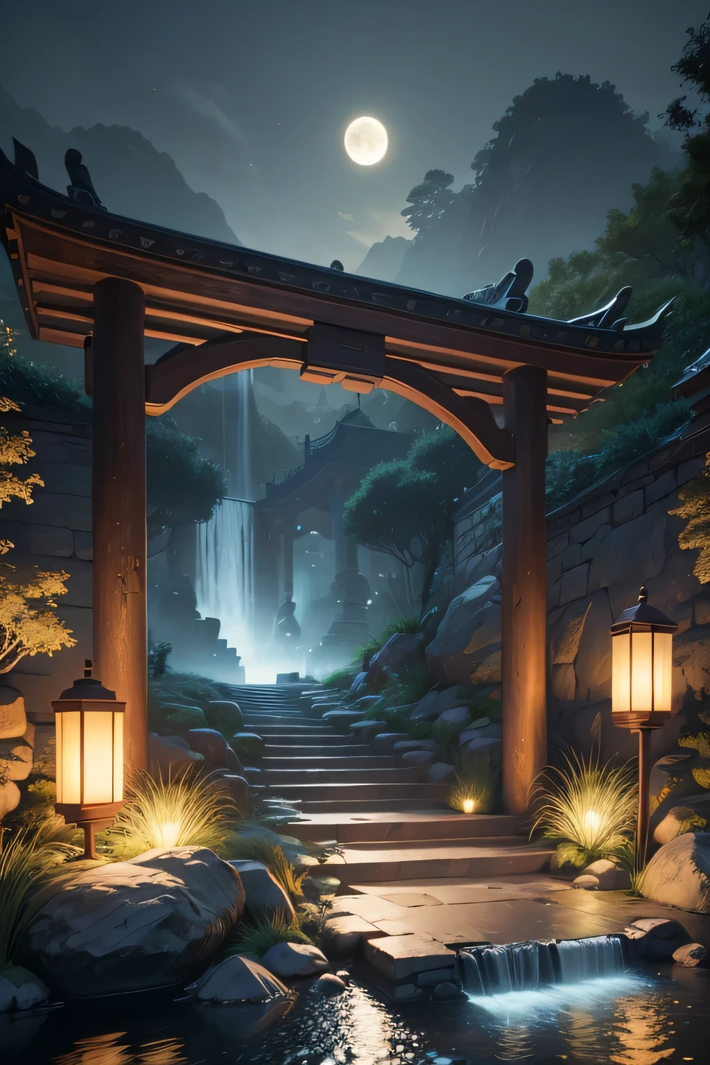Ancient Chinese archwayitecture, moon, midnight, garden, bamboo, lake, stone bridge, rockery, archway, Corners, wood, water flowing, landscape, outdoor, waterfall, Grass, rock, water lily, hot spring, water vapor, (shape: 1.0), great composition, realistic lighting, HD details, masterpiece, highest quality, (High-definition CG Unity 8K) - 6 o'clock'clock