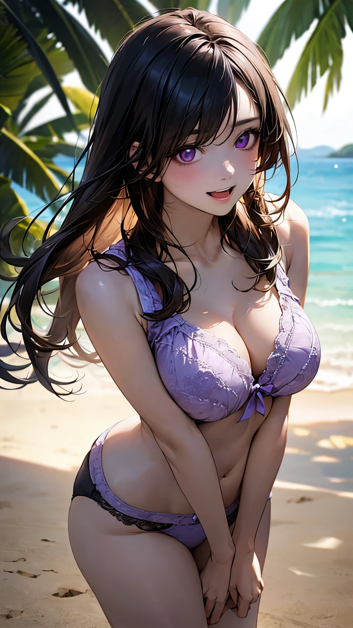 (masterpiece:1.2, top-quality, ultra-detailed, ), (realistic, photorealistic:1.4), beautiful illustration, (natural side lighting, movie lighting), ,
(looking at viewer), (breast focus), (from above:1.1), close up,1 girl, japanese, high school girl, perfect face, cute and symmetrical face, shiny skin, skinny,
(long hair, straight hair, black hair), swept bangs, datk purple eyes, drooping eyes, long eye lasher, (large breasts:0.6), five fingers, hair ornament, (breasts out:1.3),
beautiful hair, beautiful face, beautiful detailed eyes, beautiful clavicle, beautiful body, beautiful chest, beautiful thighs, beautiful legs,
((underwear)),
(beautiful scenery), morning, tropical beaches, (arms behind back:1.2), (lovely smile, upper eyes, open mouth, sexy pose),
