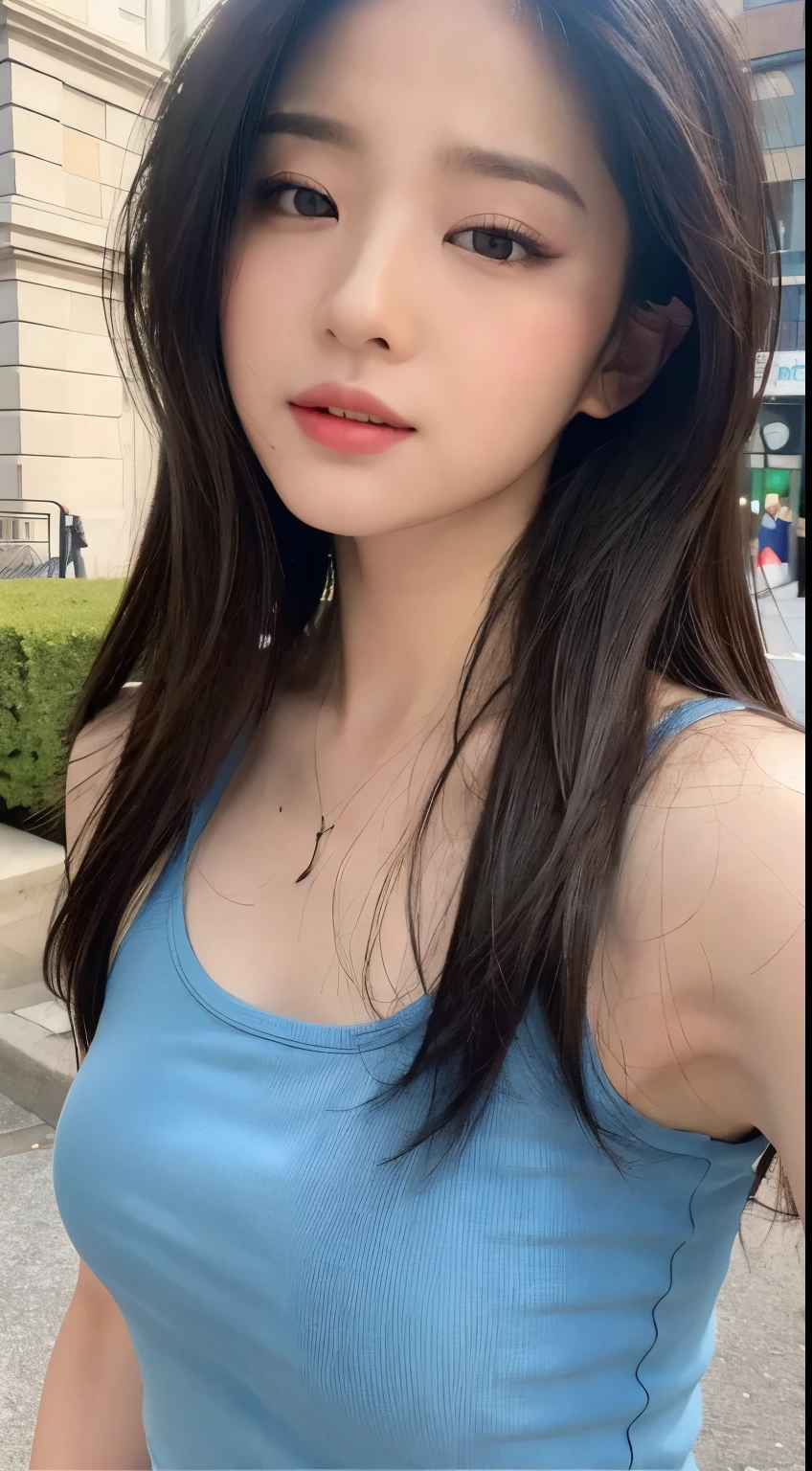 ((Best quality, 8K, Masterpiece :1.3)), Sharp focus :1.2, perfect figure beautiful woman:1.4, Slim abs:1.2, ((Layered Hair Style, mischievous expression:1.2)), (Tank top shirt:1.1 ), (the street:1.2), Highly detailed facial and skin texture, 詳細な目, 二重まぶた,Keep one's mouth shut,