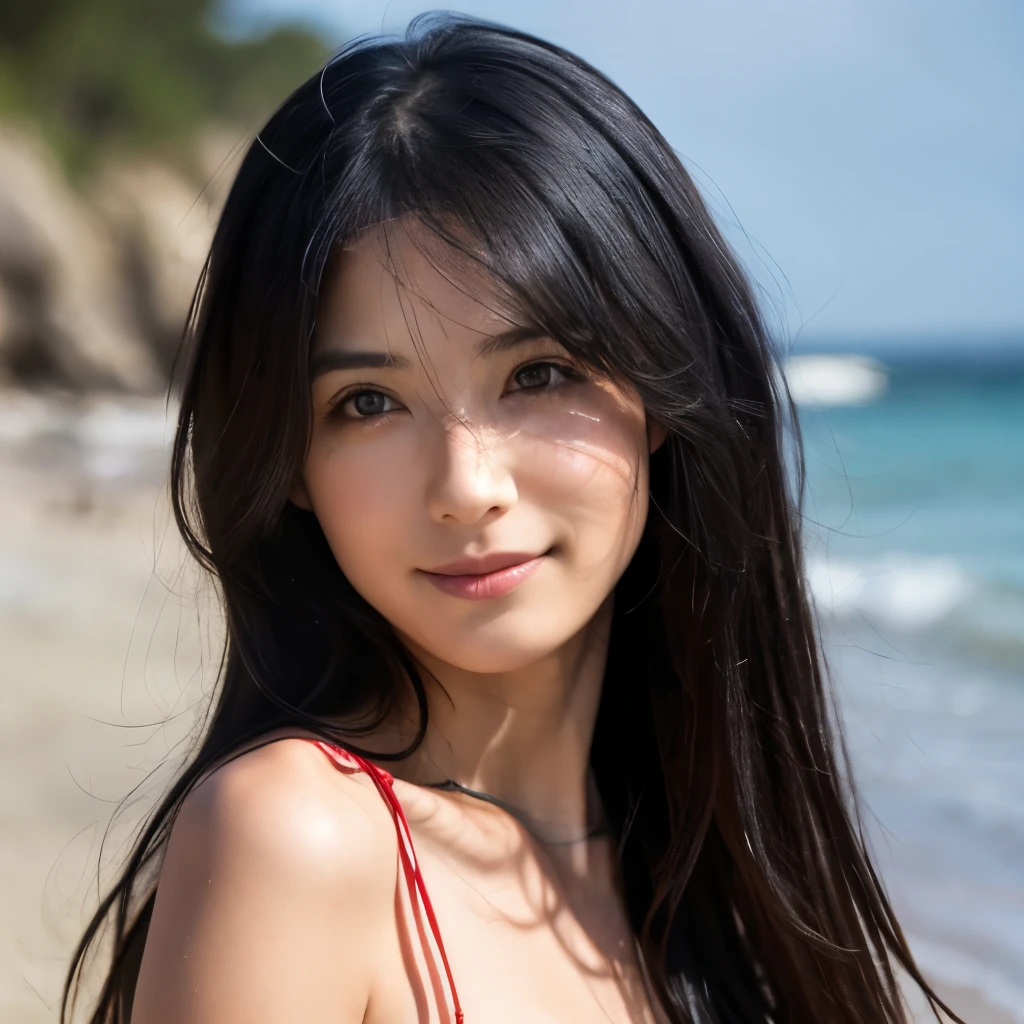 Naked beautiful girl, long black hair , in beach, front of camera