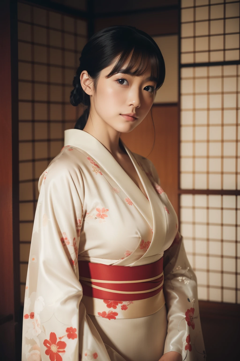 (Highest quality, 8K, Masterpiece, Virtual image, beautiful woman, Japanese in kimono, 250 years old, Reveal between breasts, Alone, The room is decorated in Japanese style from the 80's, Clear composition, Looking at the camera, Beautiful hips, Dense, Extraordinarily detailed face, The texture of the skin is fine, DTudio level lighting, Soft box, Clear level 8K DSLR super35, Low contrast, Bokeh, Portrait, Long exposure --auto--)
This virtual image showcases a beautiful Japanese woman, dressed in a traditional kimono, who appears to be around 250