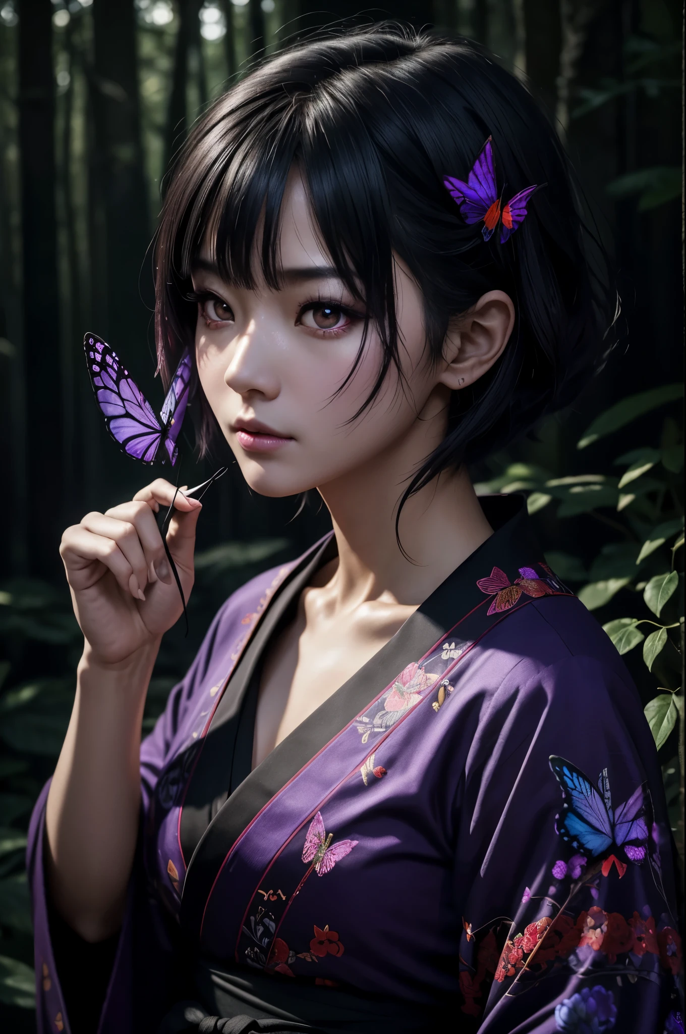 8K,Woman in Japan traditional costume,(dark shot:1.4), 80mm, (dark shot:1.4), 80mm, epic real, Big eyes,Black hair short bob hair,black and purple butterfly hair ornament,black kimono and red obi,black and purple butterfly pattern(Precise butterfly embroidery),purple eyes(purple effect),matted, art,soft cinematic light, photo lab, HDR, 複雑で非常にdetailed, (Depth of bounds written:1.4), (dark shot:1.22), (artステーション:1.2), 超detailedな, dramatic, intricate details, (technicolor:0.9), (rutkowski:0.8), horror movie-like, detailed, soft light, sharp, exposure blend, medium shot, (noir:0.4), horror light,sharp, exposure blend、medium shot,Photorealistic RAW photos of the highest quality。Backlight, cinematic lighting, film grain, to be born, 50mm lens, Nikon D850,realistic skin,ファンタジーart,キャラクターart,ultra high resolution,Lots of poses,muscular slim body,in the forest,super realistic skin,late night,underworld devil makeup,demon makeup,battle scene,action scene,action pose,wave a fan,激しいaction pose,fierce fighting,