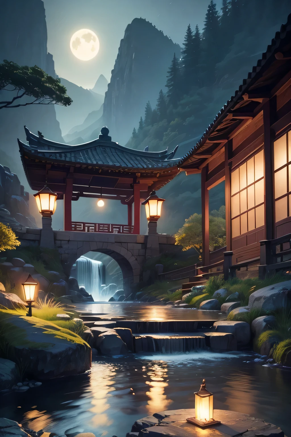 Ancient Chinese archwayitecture, moon, midnight, garden, bamboo, lake, stone bridge, rockery, archway, Corners, wood, water flowing, landscape, outdoor, waterfall, Grass, rock, water lily, hot spring, water vapor, (shape: 1.0), great composition, realistic lighting, HD details, masterpiece, highest quality, (High-definition CG Unity 8K) - 6 o&#39;clock&#39;clock