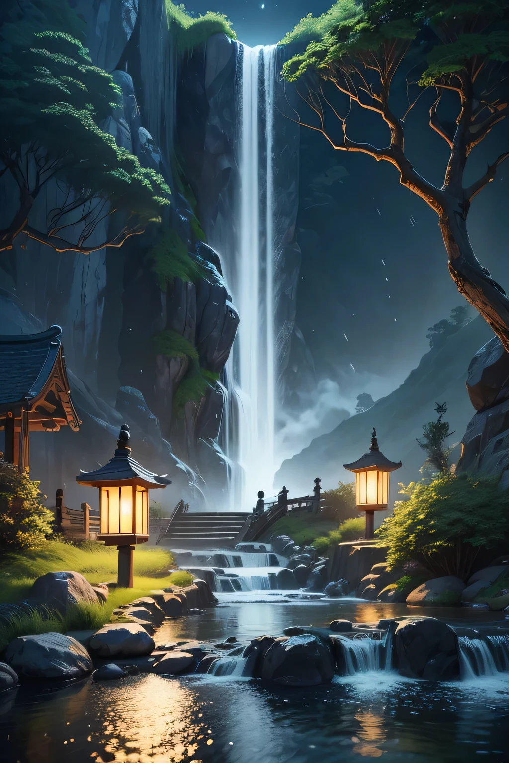 Ancient Chinese archwayitecture, moon, midnight, garden, bamboo, lake, stone bridge, rockery, archway, Corners, wood, water flowing, landscape, outdoor, waterfall, Grass, rock, water lily, hot spring, water vapor, (shape: 1.0), great composition, realistic lighting, HD details, masterpiece, highest quality, (High-definition CG Unity 8K) - 6 o&#39;clock&#39;clock